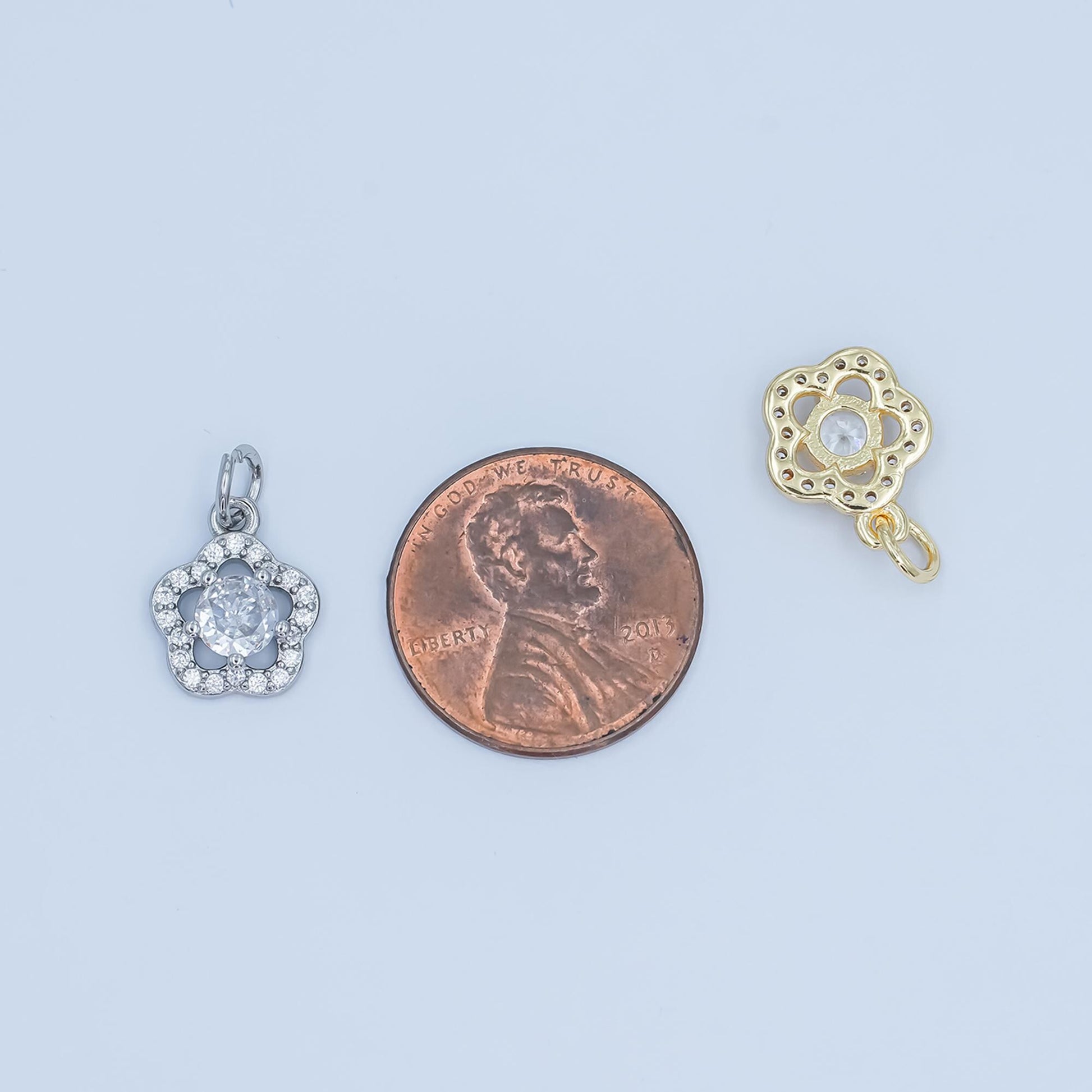 Flower CZ Pendant Charm in White Gold Silver Dainty Floral Necklace Charm Elegant Micro Pave Flower Jewelry Making Supply C858