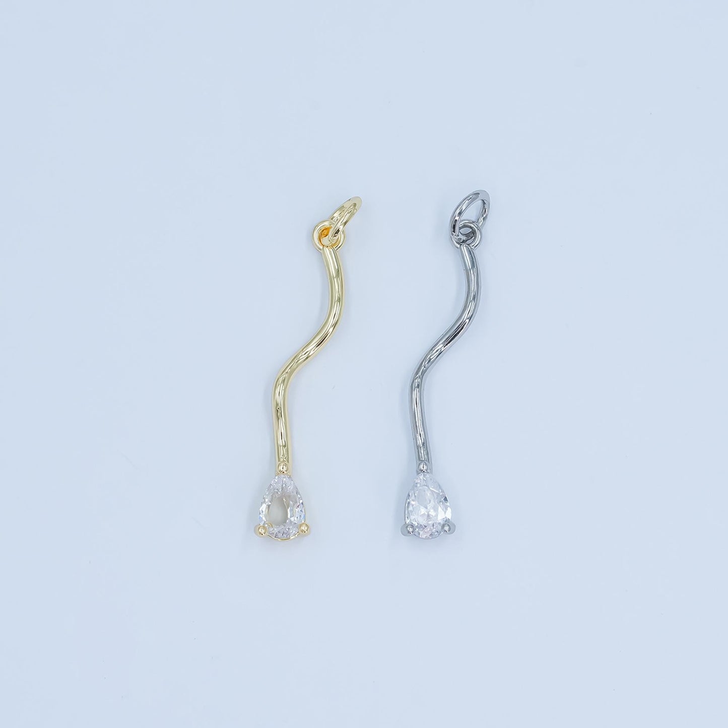 Wavy Line Tear drop CZ Pendant Charm in Silver or Gold - Modern Minimalist Necklace Charm - Elegant Flow Design Jewelry E181