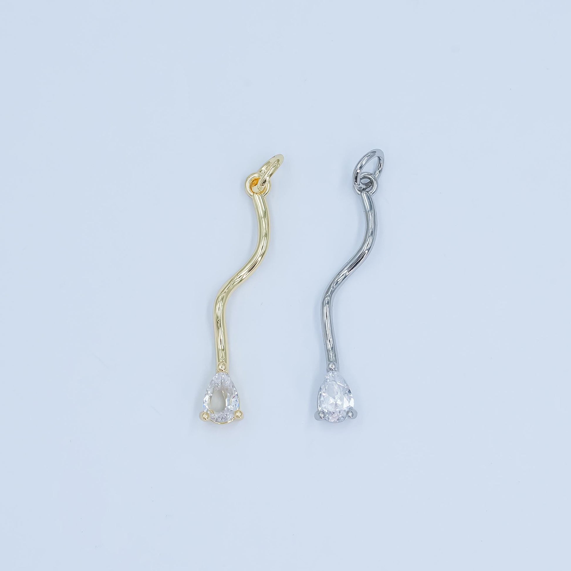 Wavy Line Tear drop CZ Pendant Charm in Silver or Gold - Modern Minimalist Necklace Charm - Elegant Flow Design Jewelry E181