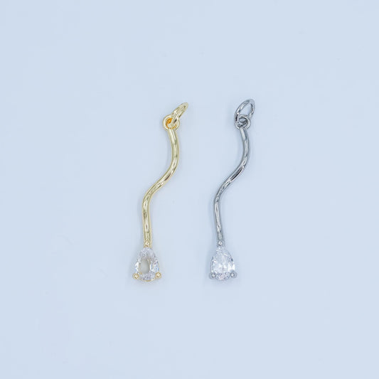 Wavy Line Tear drop CZ Pendant Charm in Silver or Gold - Modern Minimalist Necklace Charm - Elegant Flow Design Jewelry E181