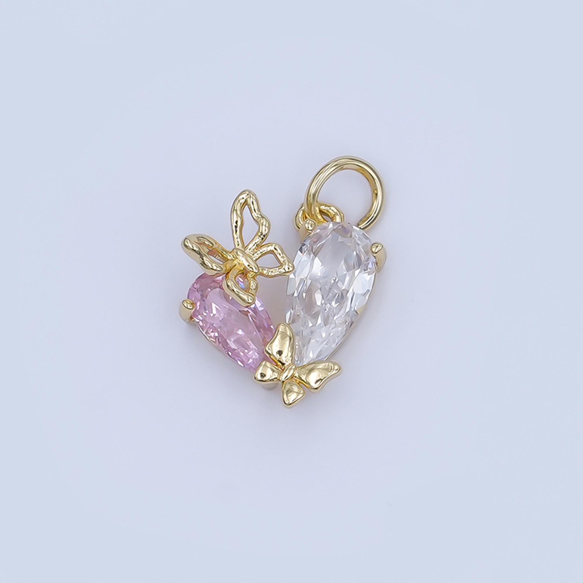 Mini Butterfly CZ Pendant Charm in Gold - Pink and Clear Crystal Drop Necklace Charm - Delicate Nature-Inspired Jewelry Gift C806