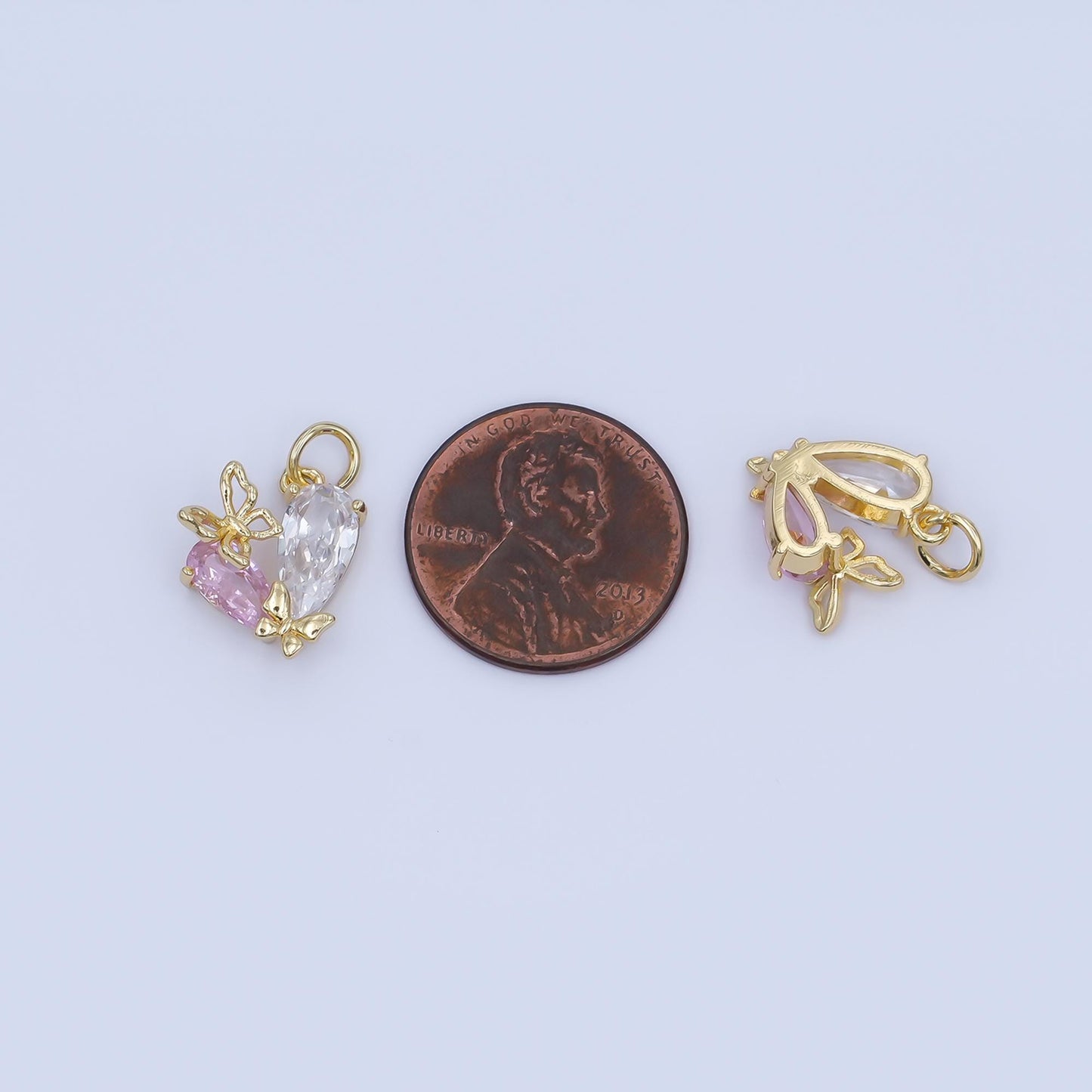 Mini Butterfly CZ Pendant Charm in Gold - Pink and Clear Crystal Drop Necklace Charm - Delicate Nature-Inspired Jewelry Gift C806