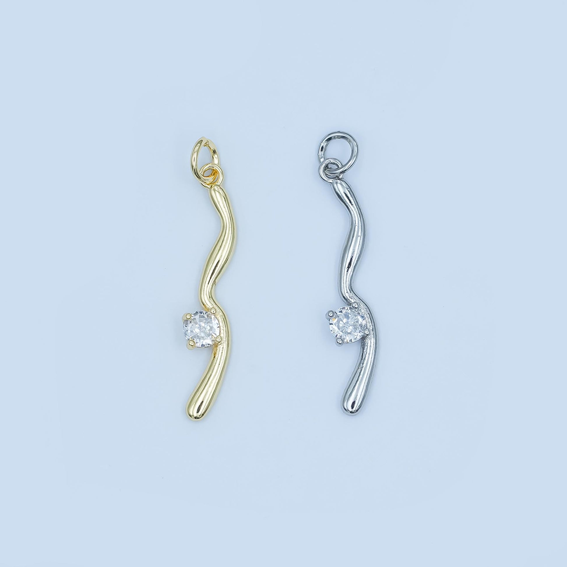 Gold or Silver Wave Pendant with Solitaire Crystal – Curved Minimalist Charm for Necklace – Elegant Simple Jewelry Accent E281