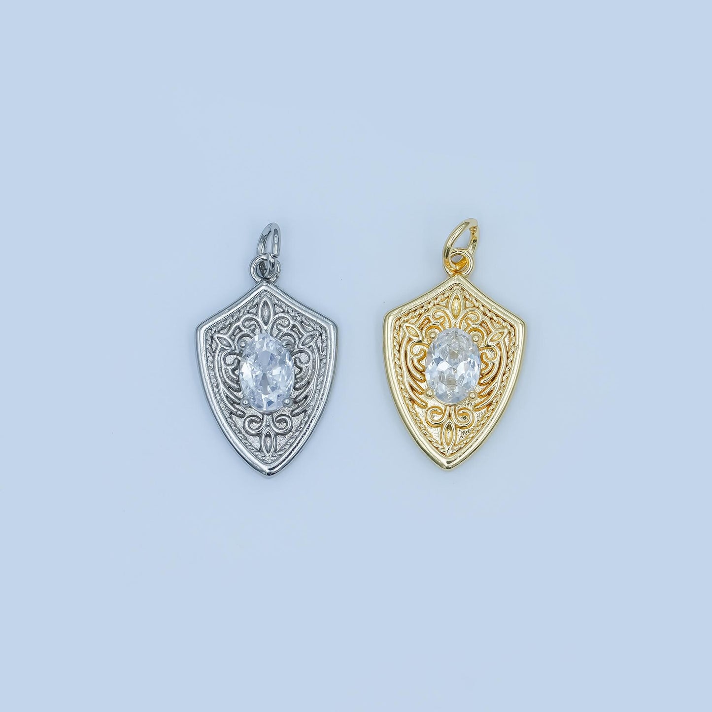 Shield Pendant Charm in Gold or Silver with Intricate Filigree and Crystal Center Medieval Inspired Necklace Charm Unique Statement Jewelry