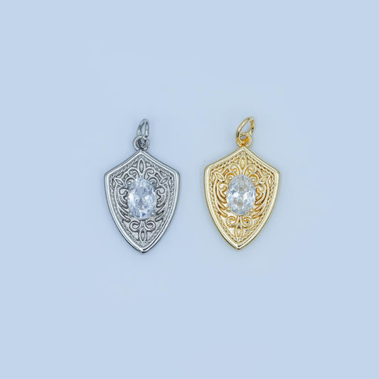 Shield Pendant Charm in Gold or Silver with Intricate Filigree and Crystal Center Medieval Inspired Necklace Charm Unique Statement Jewelry