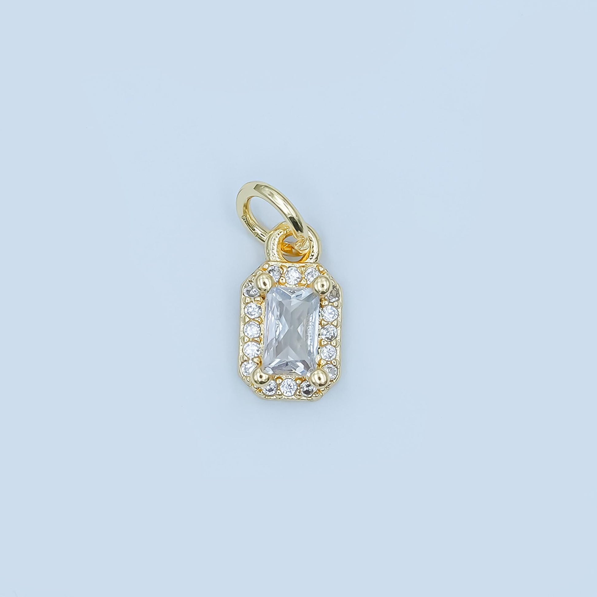 Emerald Cut Crystal Pendant Charm in Gold or Silver – Halo Rectangle Necklace Charm – Classic Sparkling Jewelry Accent E024
