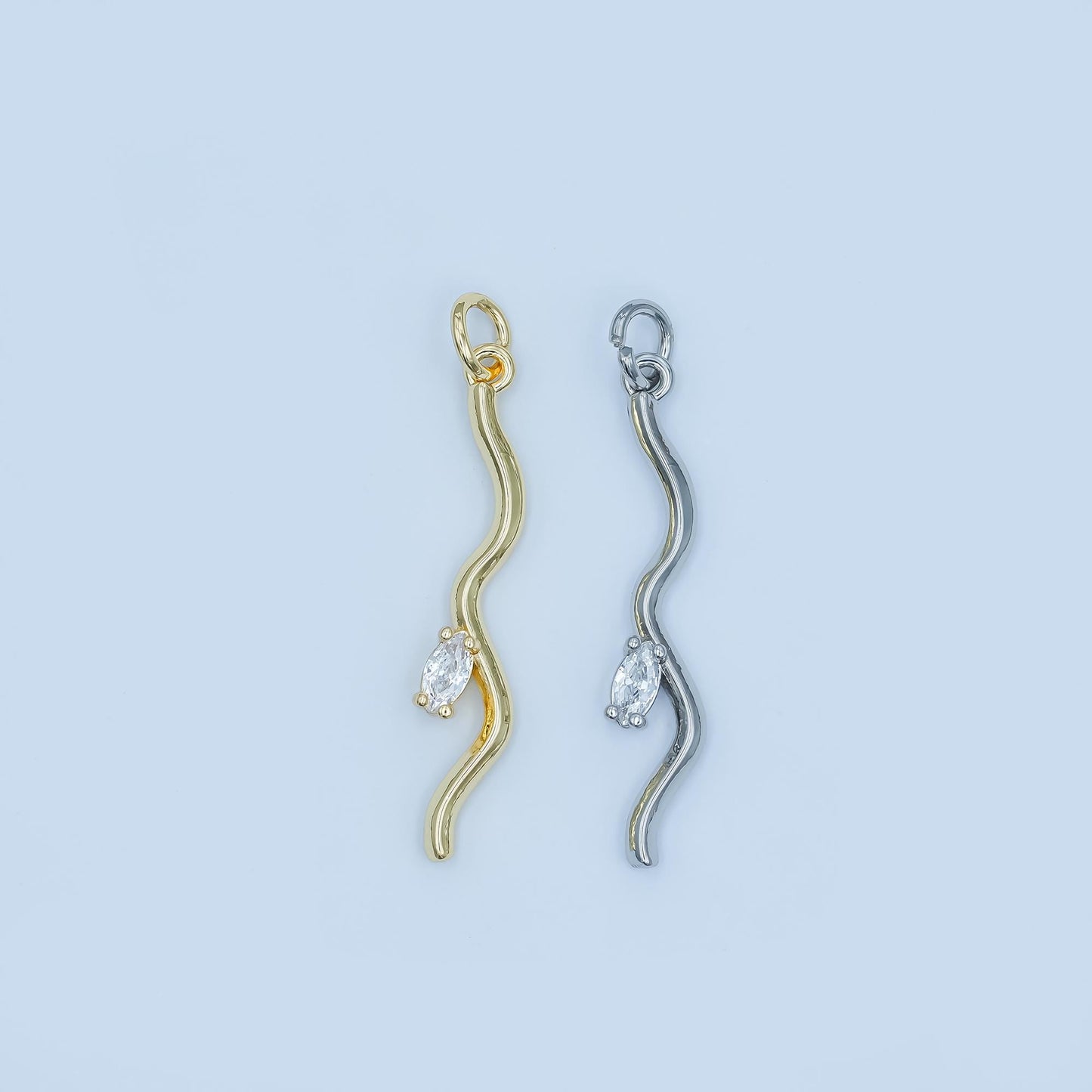 Wavy Pendant Charm with Marquise Crystal in Gold or Silver – Modern Minimalist Necklace Charm – Sleek Elegant Jewelry Design E296