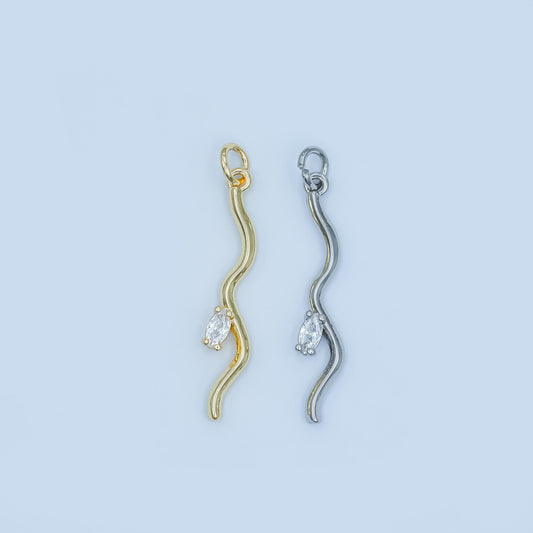 Wavy Pendant Charm with Marquise Crystal in Gold or Silver – Modern Minimalist Necklace Charm – Sleek Elegant Jewelry Design E296