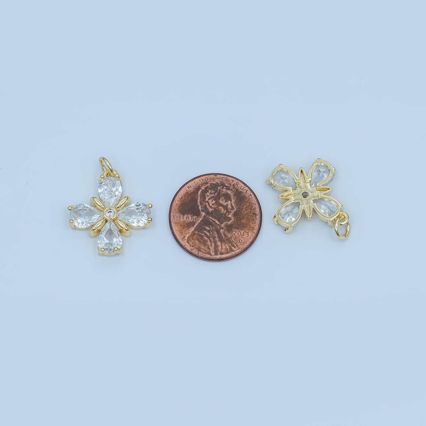 Gold Floral Cross Pendant Charm with Teardrop Crystals – Elegant Flower Necklace Charm – Dainty Nature-Inspired Jewelry Gift C781