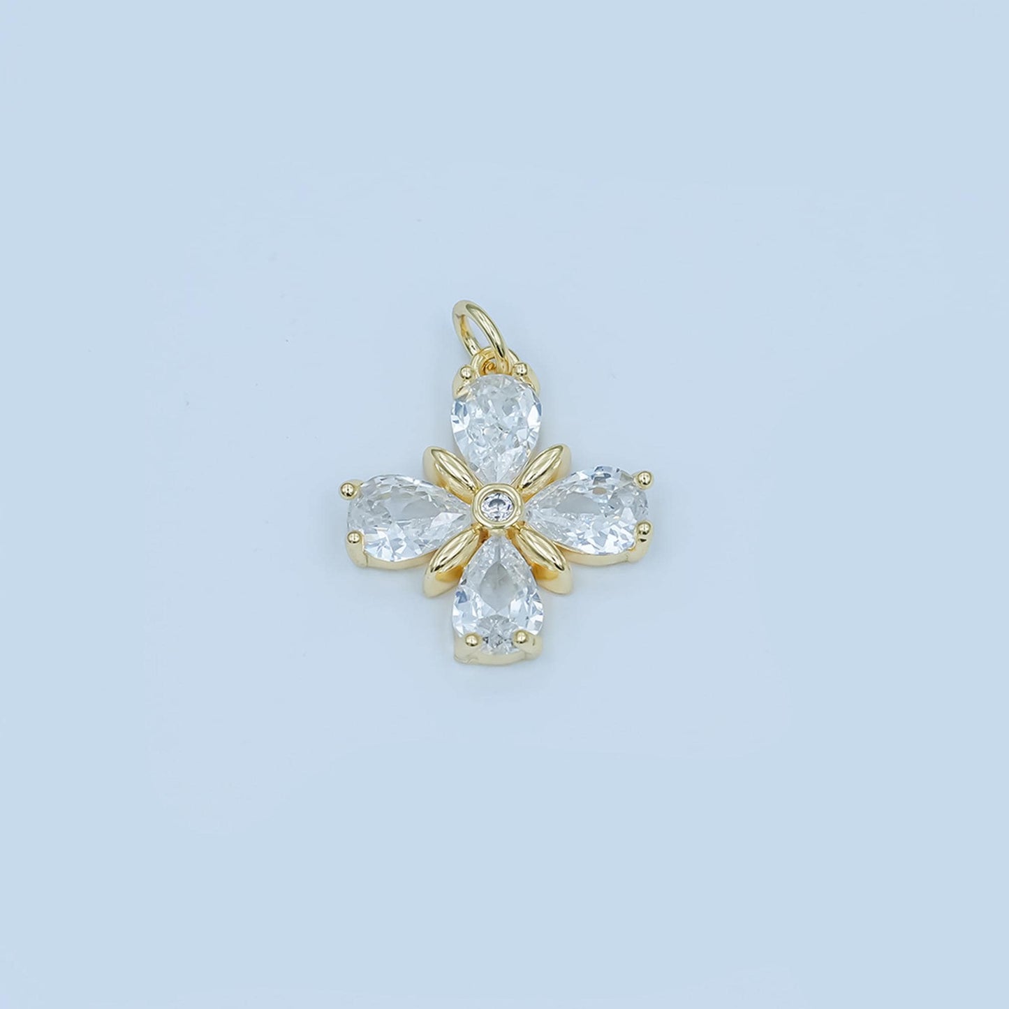 Gold Floral Cross Pendant Charm with Teardrop Crystals – Elegant Flower Necklace Charm – Dainty Nature-Inspired Jewelry Gift C781