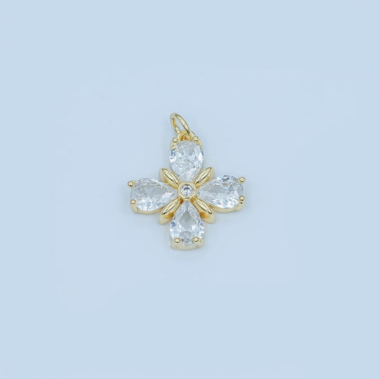 Gold Floral Cross Pendant Charm with Teardrop Crystals – Elegant Flower Necklace Charm – Dainty Nature-Inspired Jewelry Gift C781