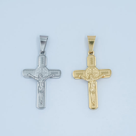 PVD Gold Stainless Steel Saint Benedict Crucifix Pendant – Gold & Silver Crucifix Cross Charm for Religious Jewelry Making P974