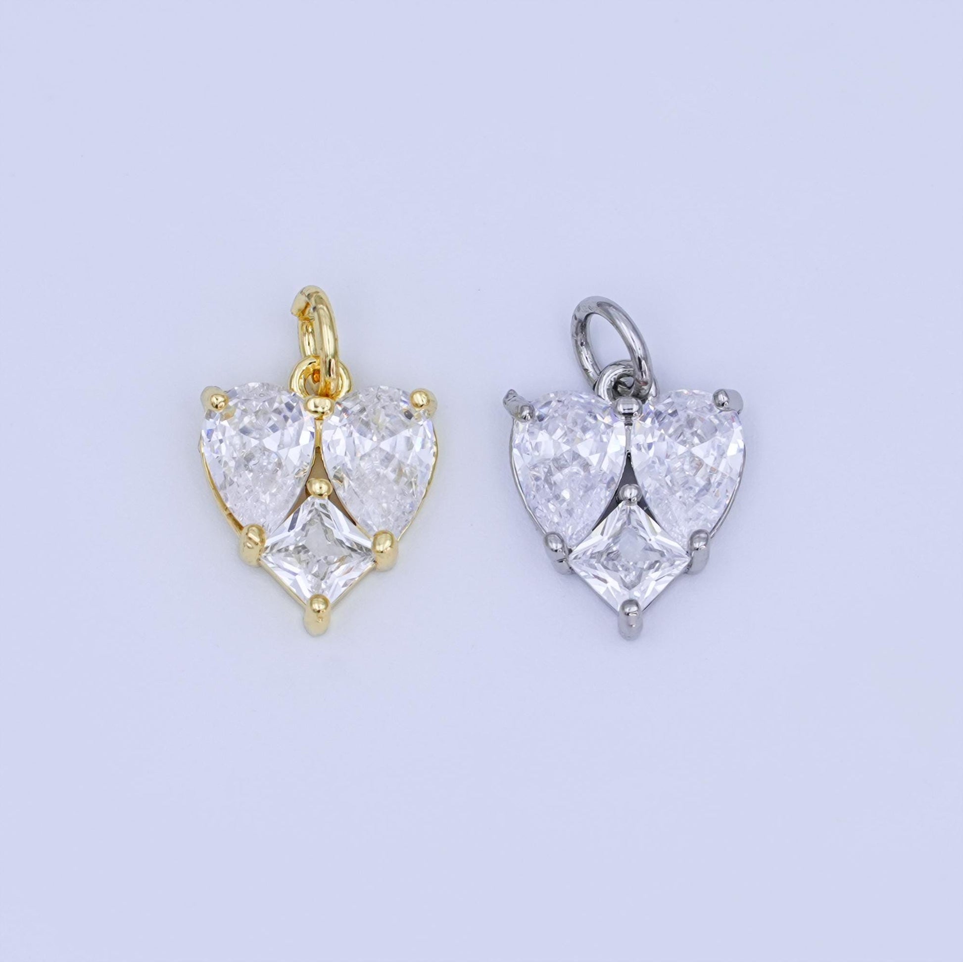 Gold Filled Heart CZ Pendant – Double Heart Charm with Square CZ in Silver Gold Dainty Bracelet Necklace Charm Jewelry Making Supplies N-058