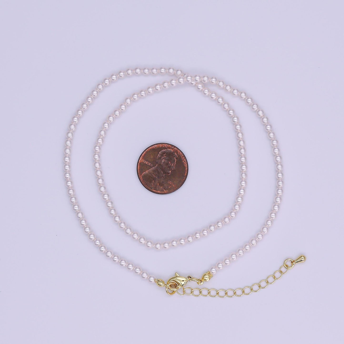 24K Gold Filled 3mm Round Glass Pearl 17 Inch Layer Necklace with Extender for Bridesmaid Bridal Jewelry | WA-2330