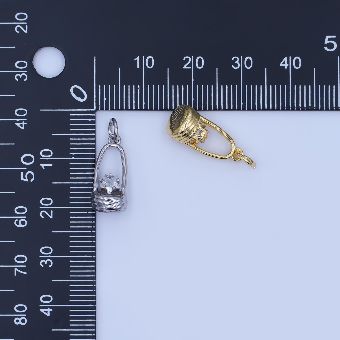 Mini 3D Picnic Basket charm 24k Gold Filled Charm Bar Bracelets and Necklaces Silver Pave CZ Minimalist Charms E549
