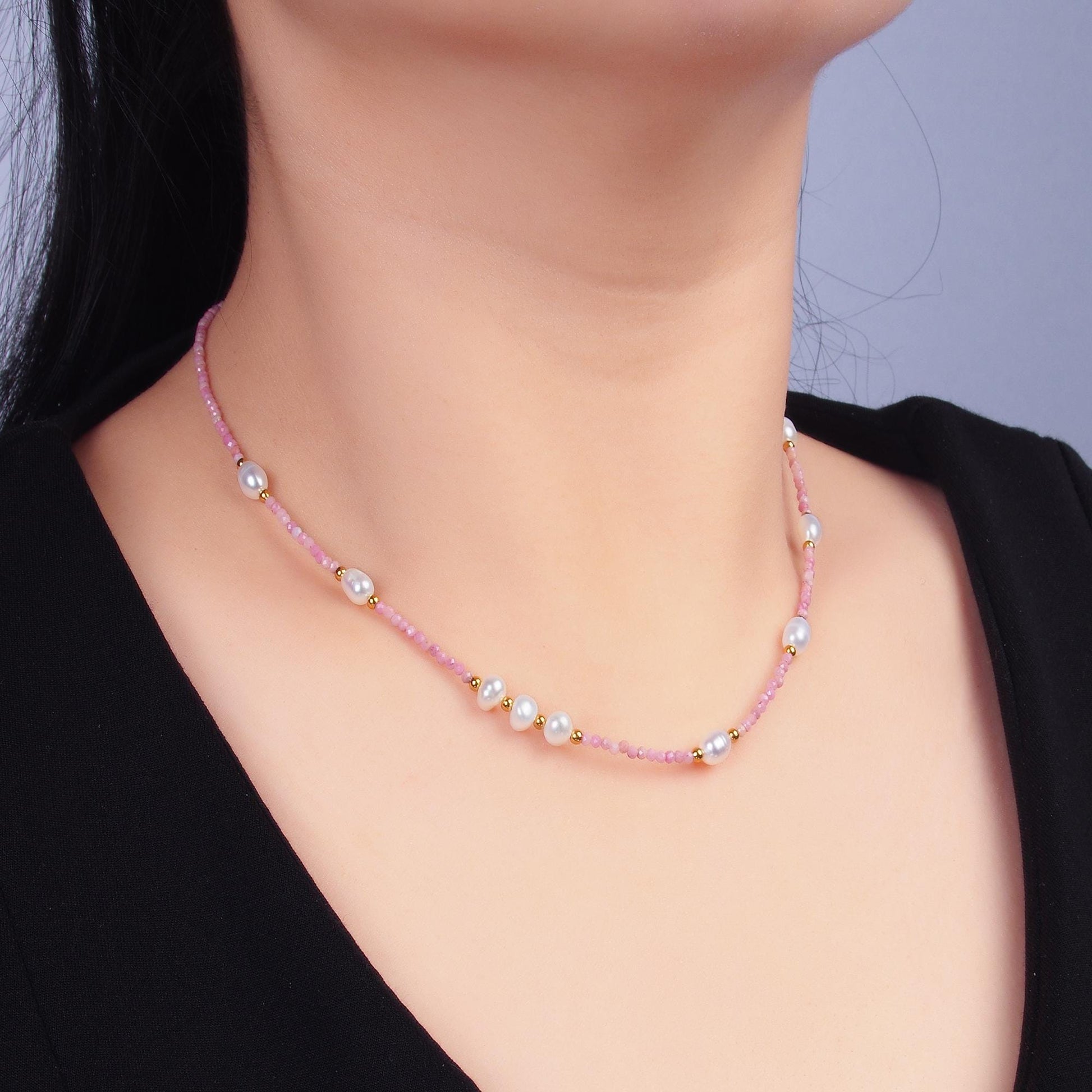 Handmade Colorful Steel Shell Pearl Pink Natural Gemstone 15 Inch Choker Necklace WA-3100
