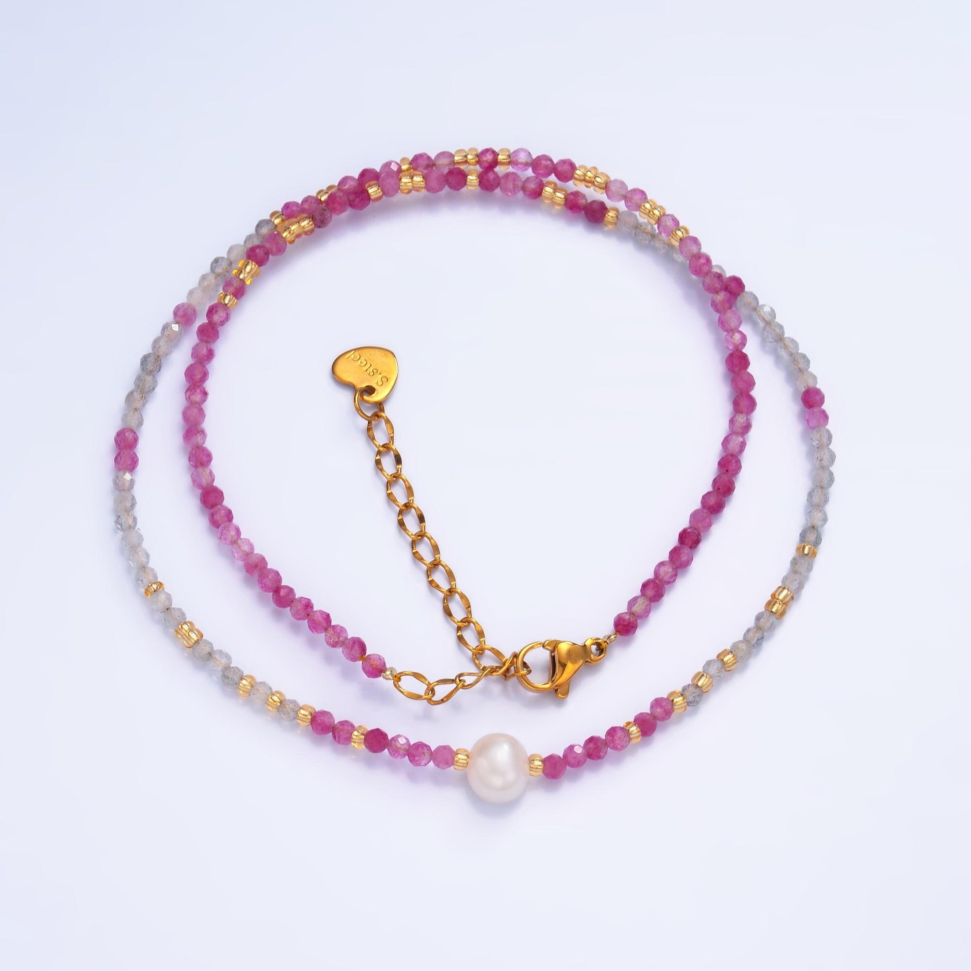 Handmade Colorful Stainless Steel Shell Pearl Pink-Grey Natural Gemstone 15 Inch Choker Necklace | WA-3101
