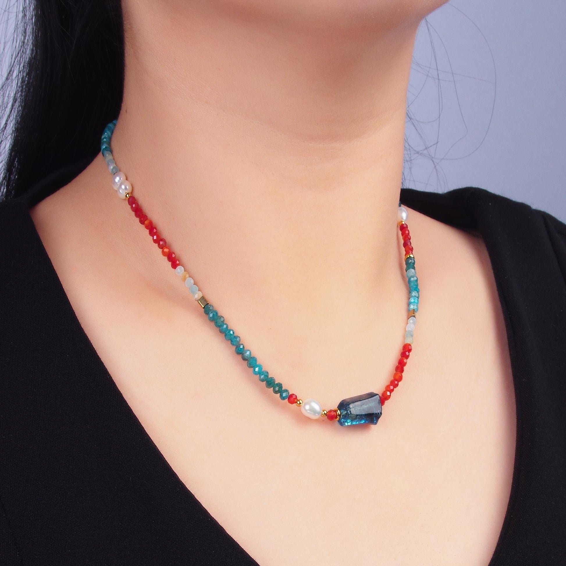 Handmade Colorful Shell Pearl Red Blue Natural Gemstone 16.5 Inch Choker Necklace | WA-3103