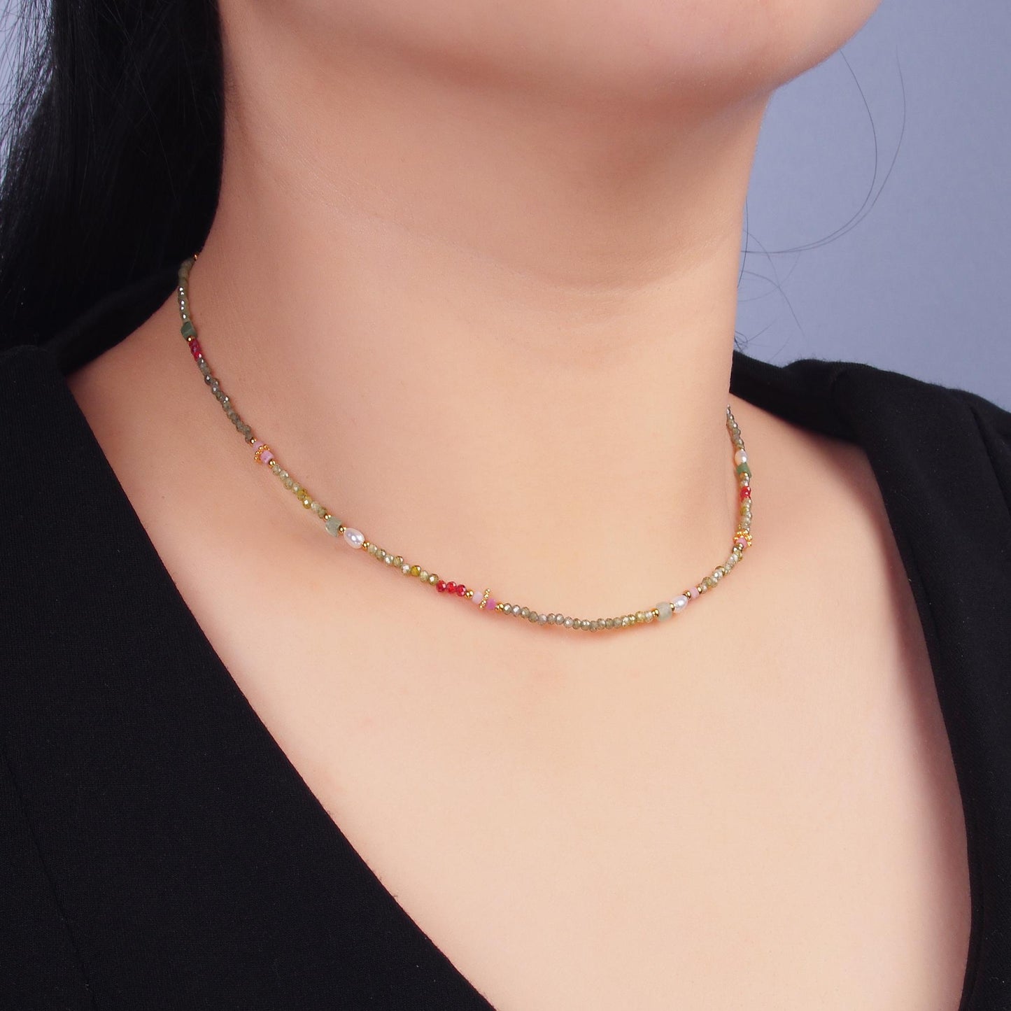 Handmade Colorful Green-Red Natural Gemstone 15 Inch Choker Necklace | WA-3098