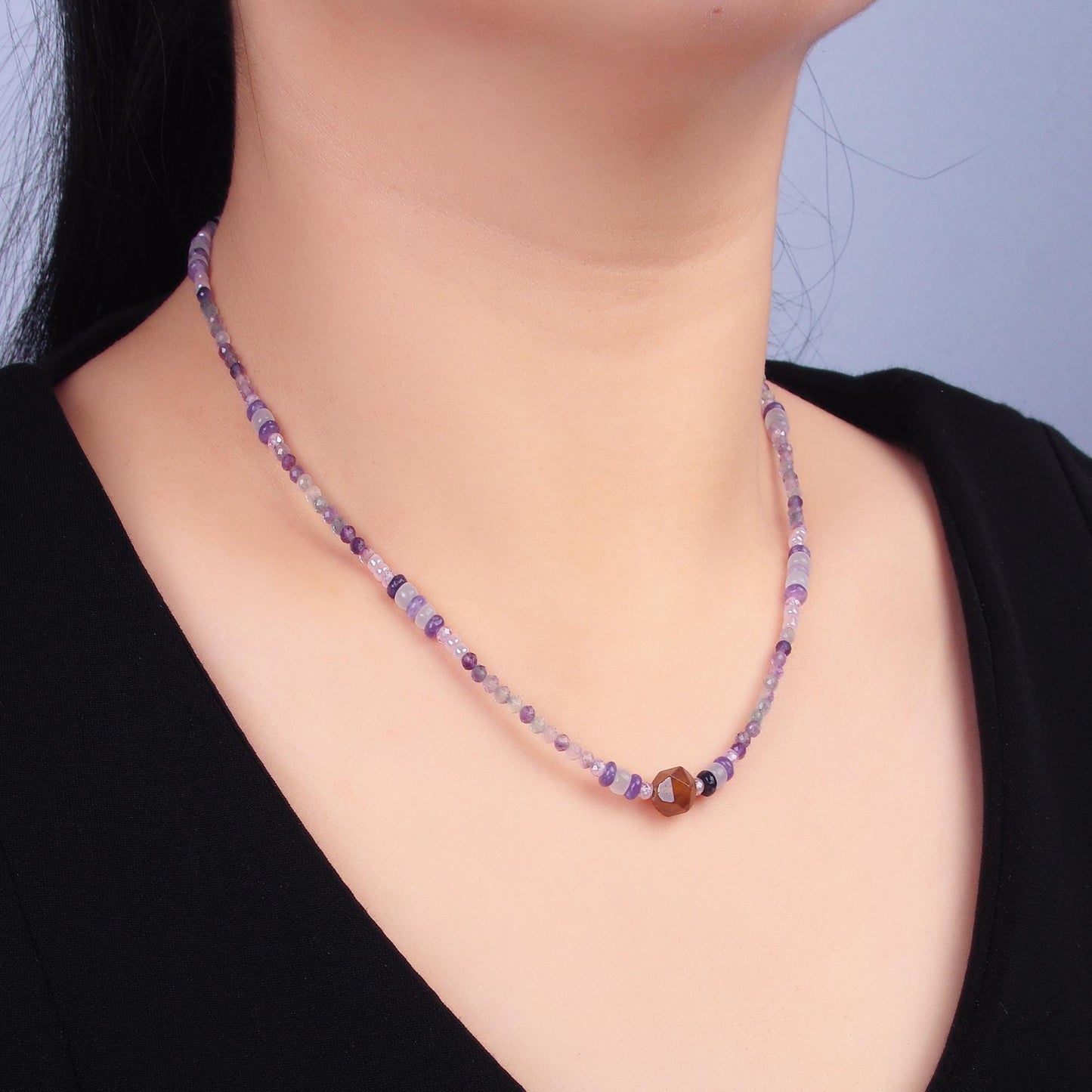 Handmade Colorful Purple Amethyst Crystal Natural Gemstone 16 Inch Choker Necklace Stainless Steel | WA-3110