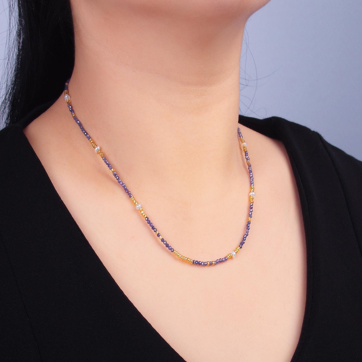 Handmade Colorful Bead Purple Amethyst Crystal Natural Gemstone 16 Inch Choker Necklace | WA-3111