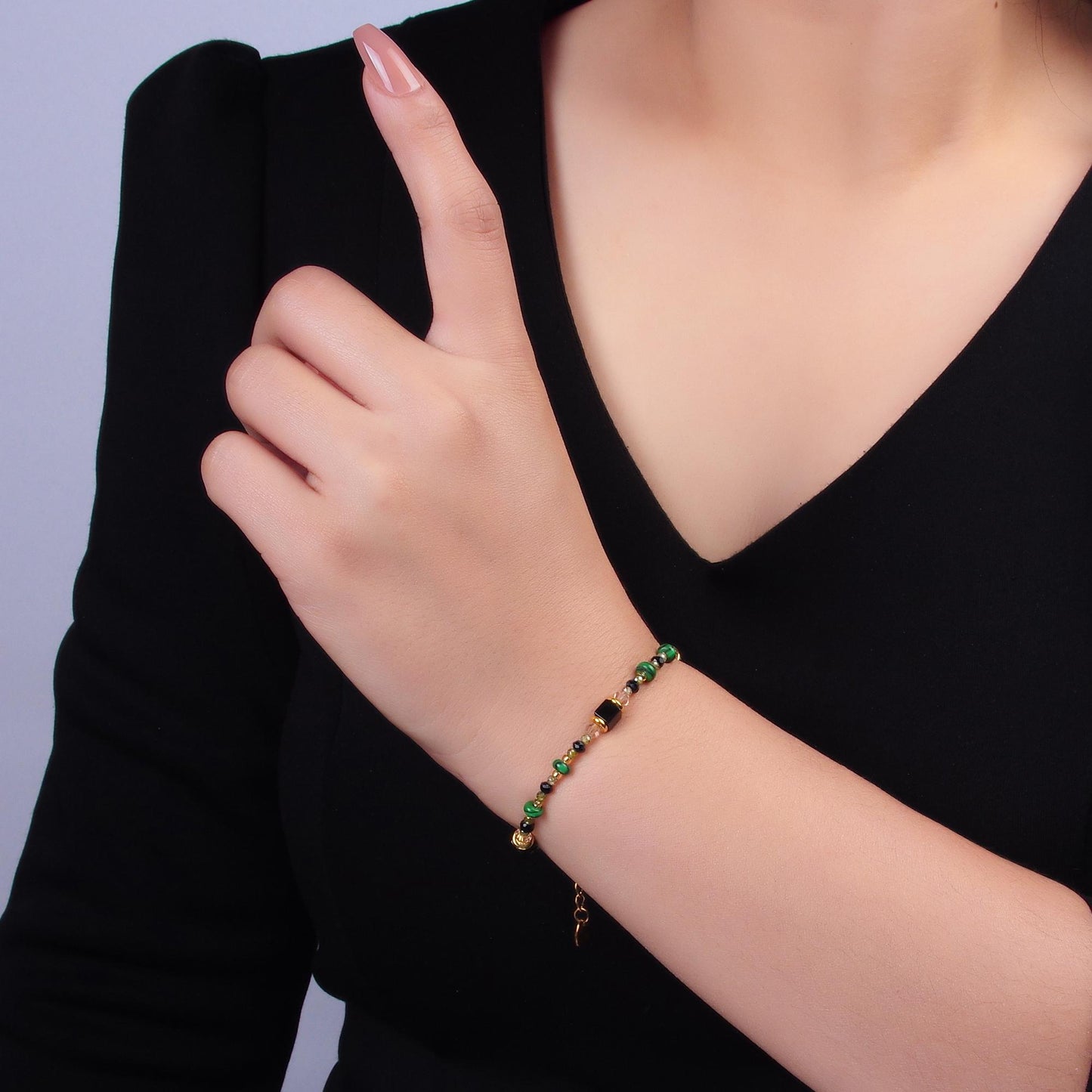 Handmade Colorful Black Green Natural Gemstone 7 Inch Bracelet | WA-3115