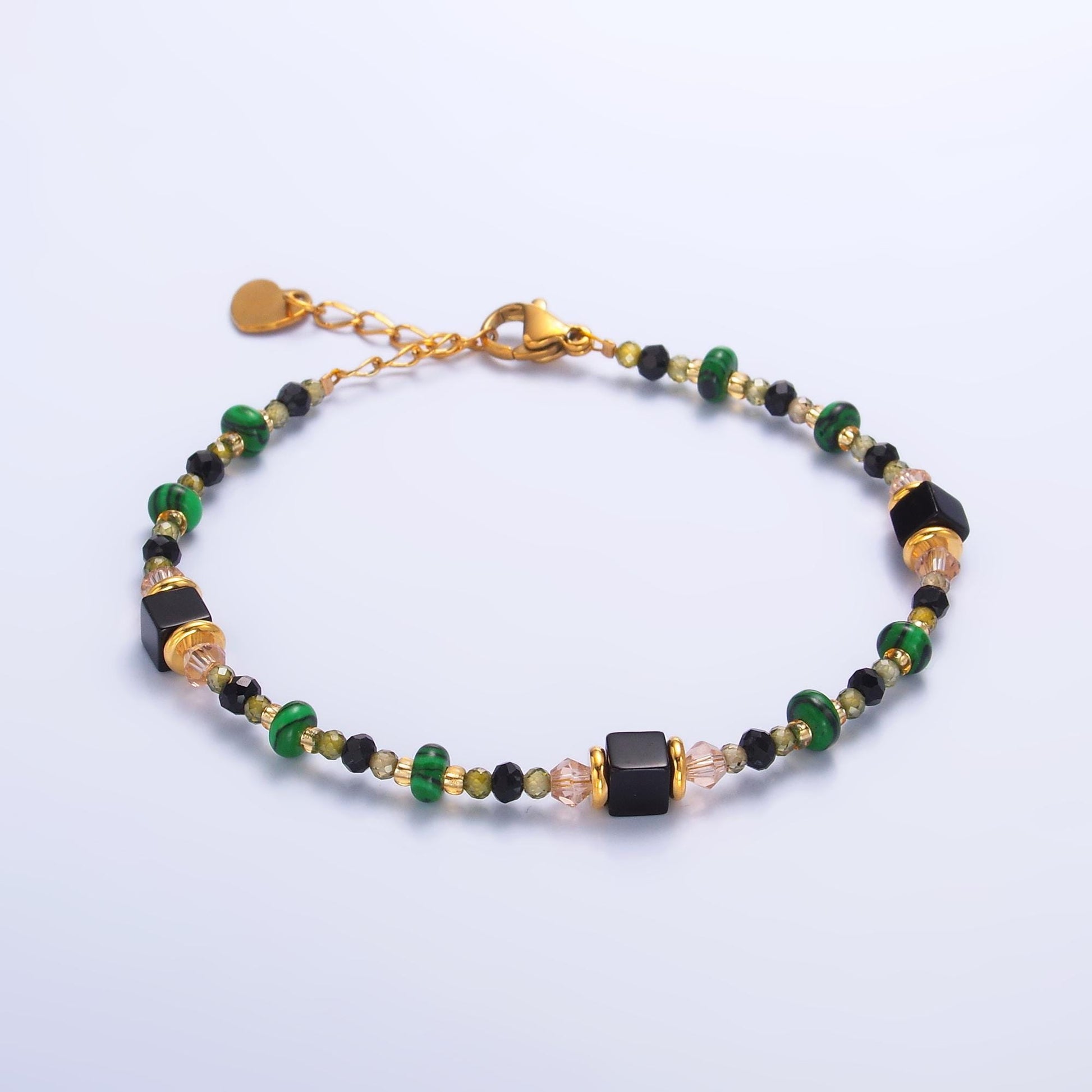 Handmade Colorful Black Green Natural Gemstone 7 Inch Bracelet | WA-3115
