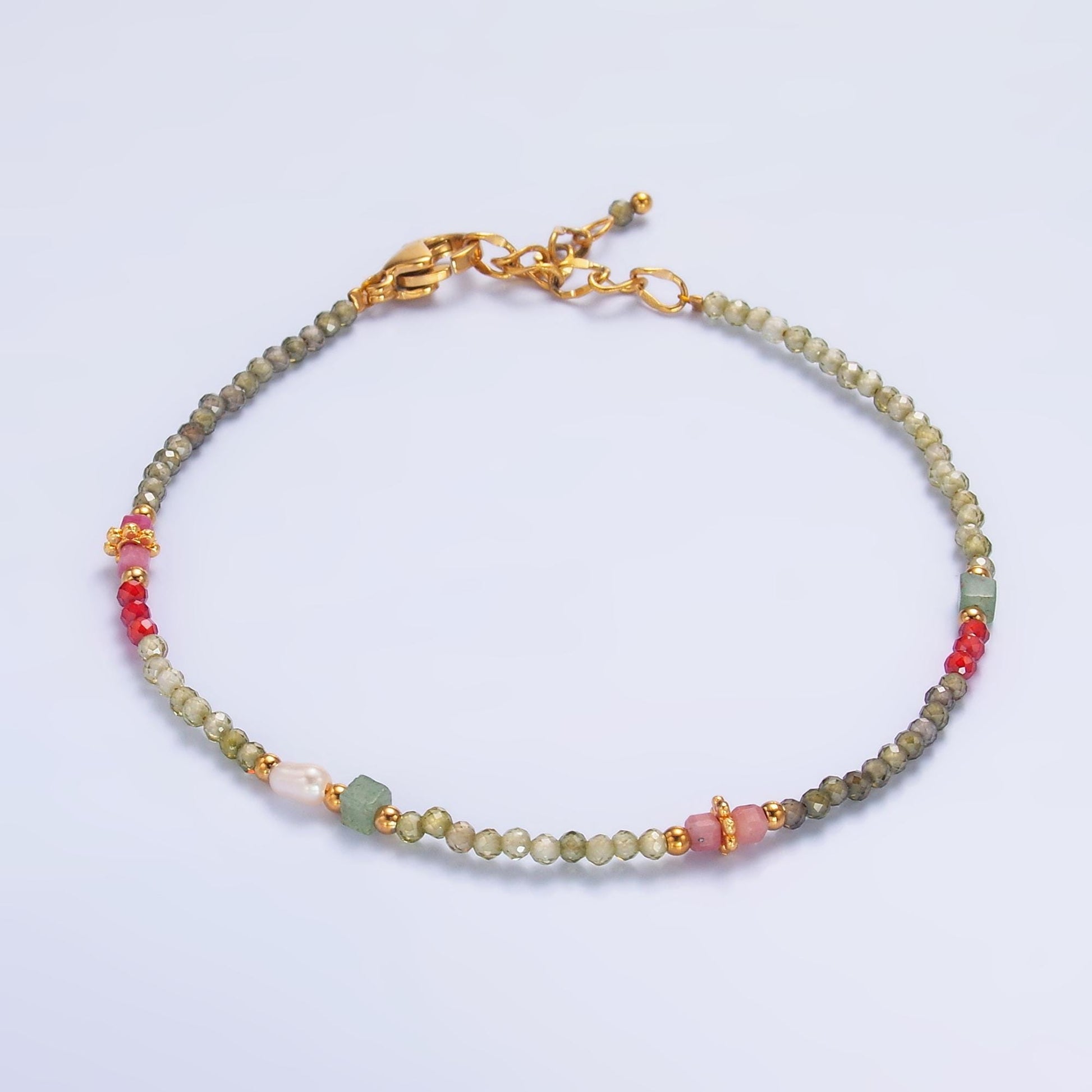 Handmade Colorful Red-Pink Green Multifaceted Crystal Gemstone 7 Inch Bracelet | WA-3134