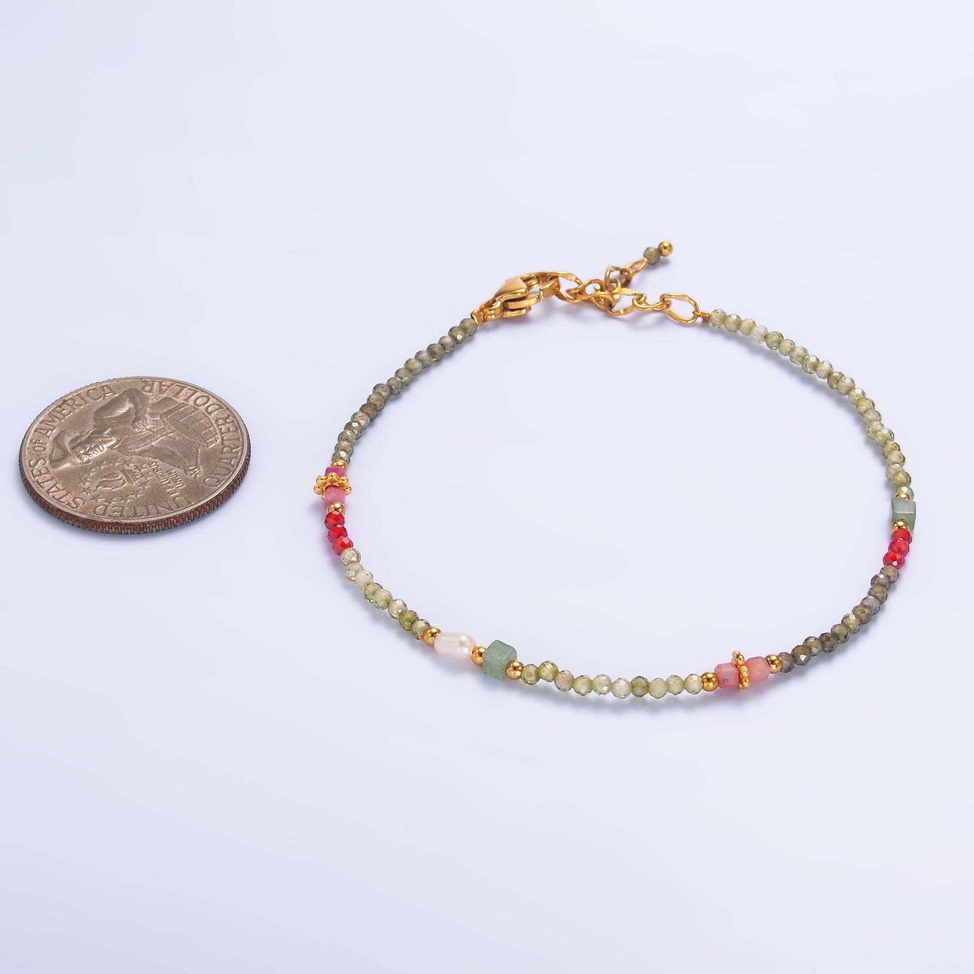Handmade Colorful Red-Pink Green Multifaceted Crystal Gemstone 7 Inch Bracelet | WA-3134
