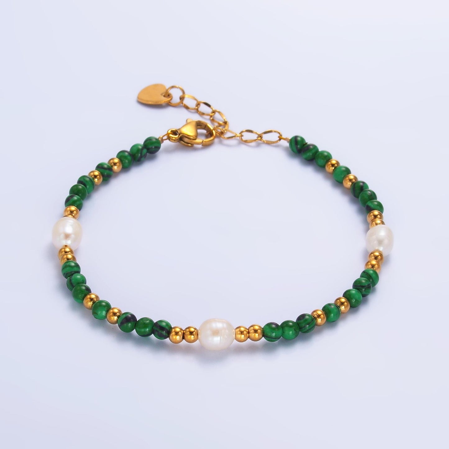 Handmade Colorful Ringed Freshwater Pearl Bead Malachite Natural Gemstone Bead 6.5 Inch Bracelet | WA-3135