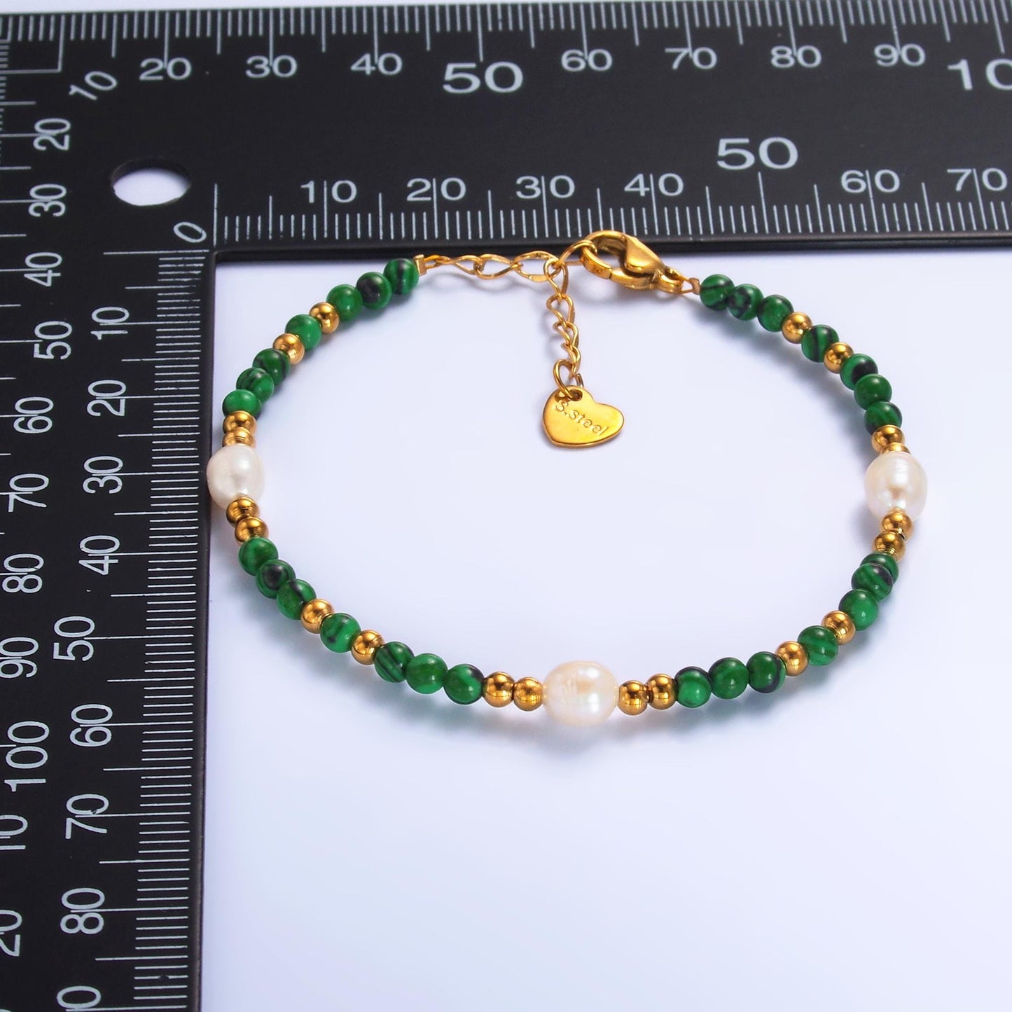 Handmade Colorful Ringed Freshwater Pearl Bead Malachite Natural Gemstone Bead 6.5 Inch Bracelet | WA-3135