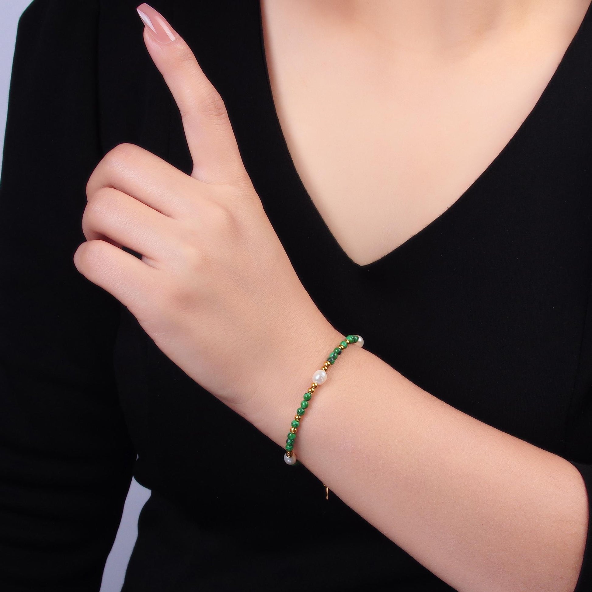 Handmade Colorful Ringed Freshwater Pearl Bead Malachite Natural Gemstone Bead 6.5 Inch Bracelet | WA-3135