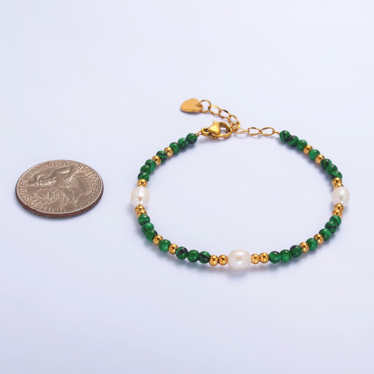 Handmade Colorful Ringed Freshwater Pearl Bead Malachite Natural Gemstone Bead 6.5 Inch Bracelet | WA-3135