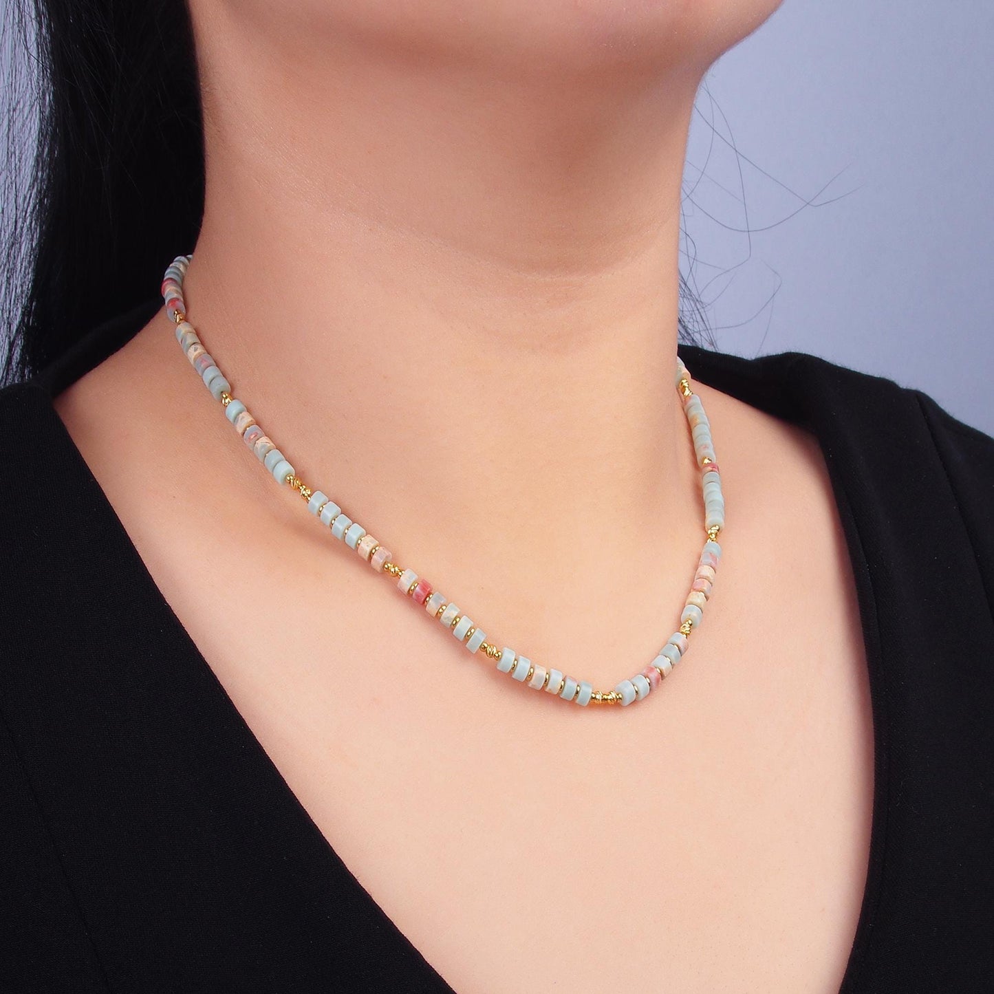 Handmade Colorful Red Blue Amazonite Natural Gemstone Bead 16 Inch Choker Necklace | WA-3112