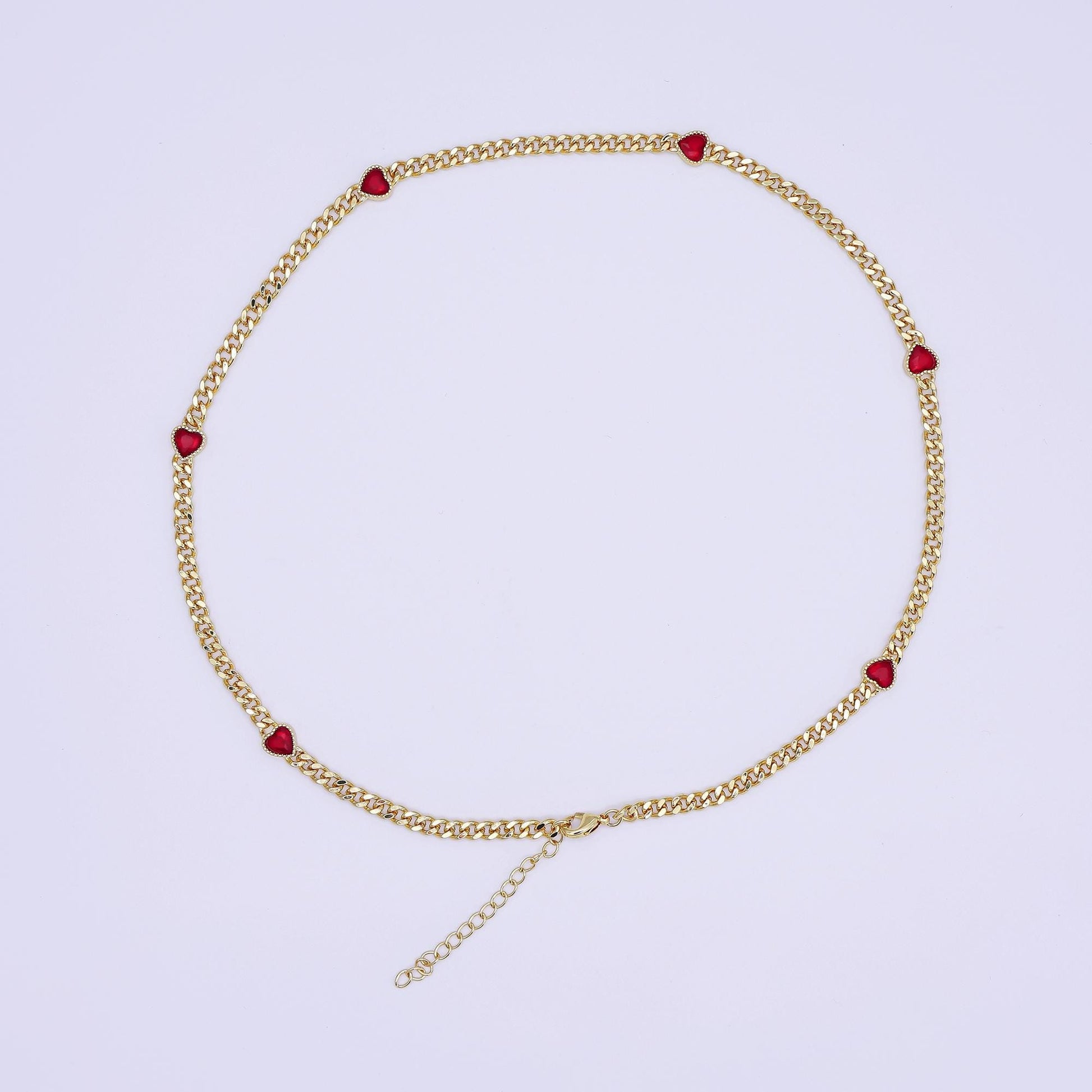 Handmade Colorful 24K Gold Filled 4mm Red Heart CZ Curb Chain 18 Inch Necklace | WA-3087