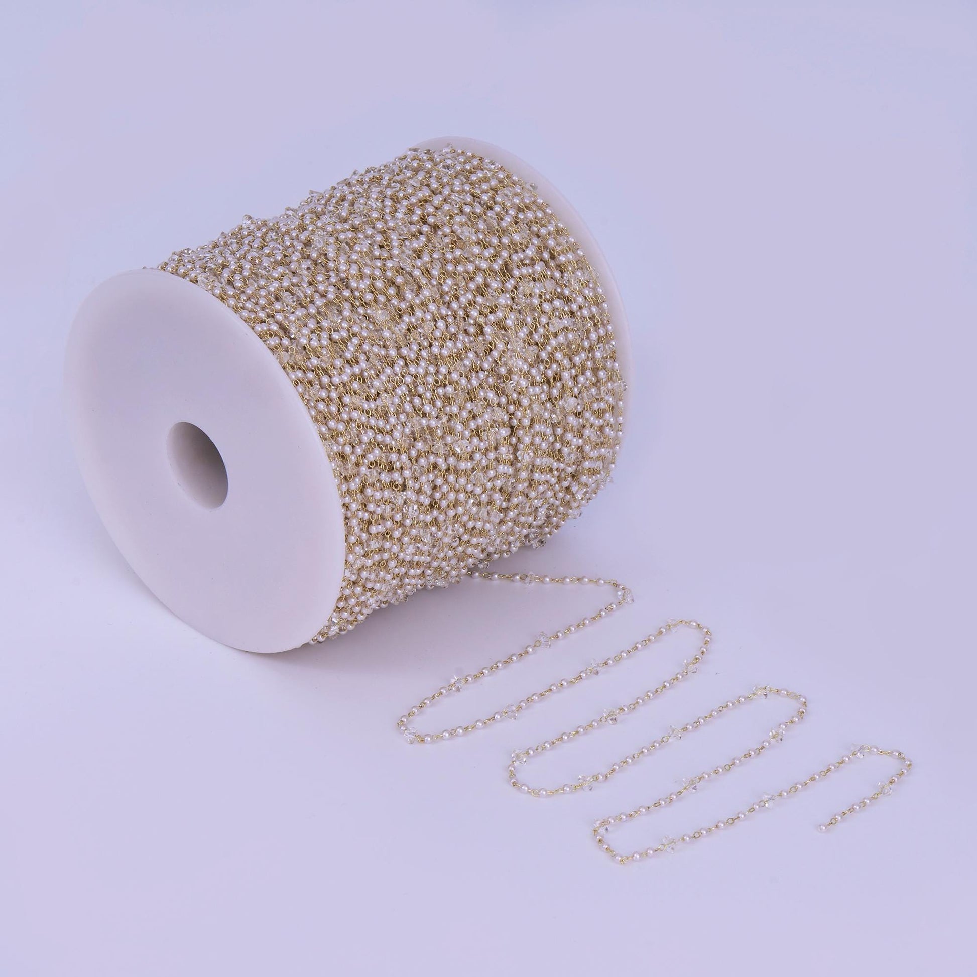 24K Gold Filled 2.8mm Shell Pearl Clear Crystal Link Unfinished Chain by Yard | Roll-1662