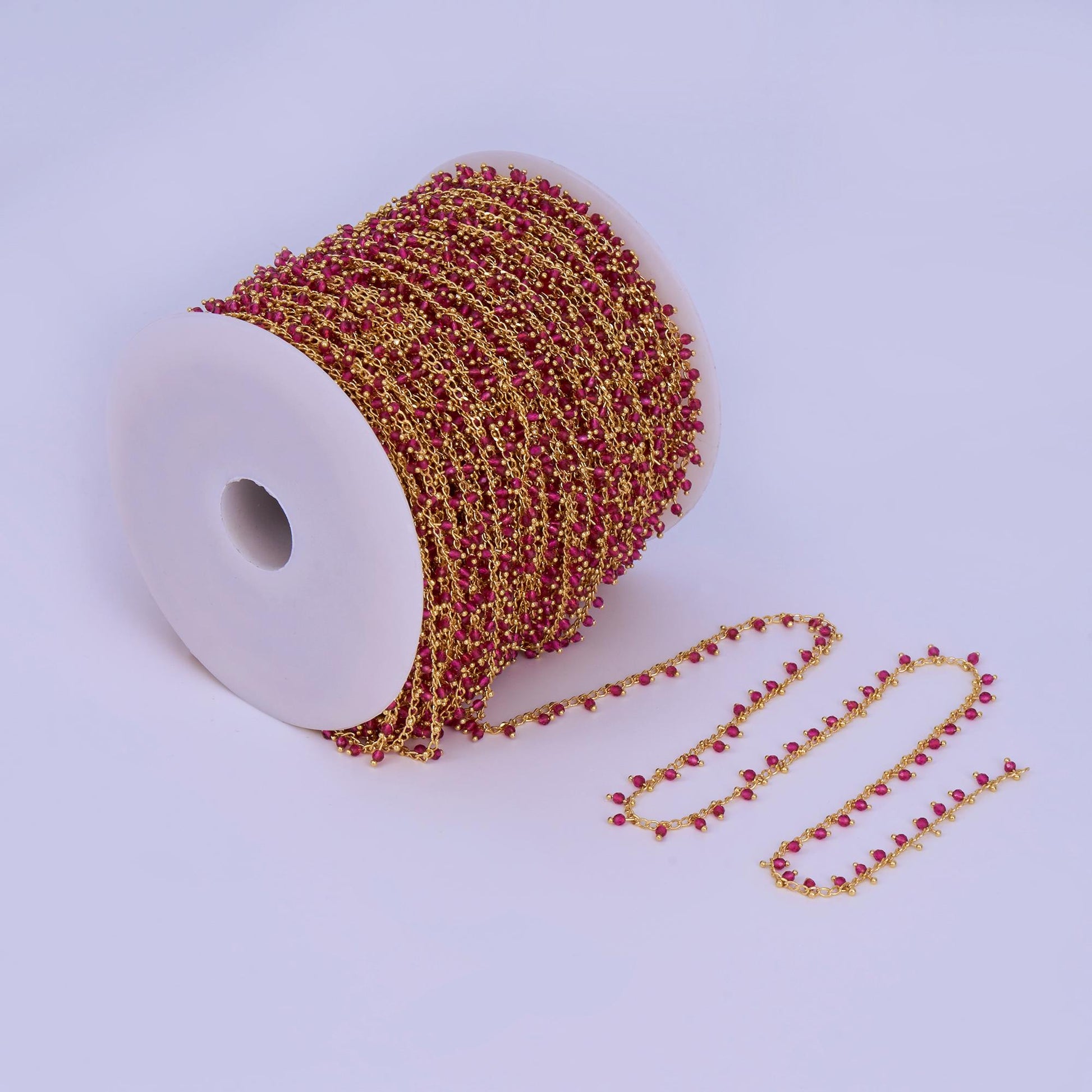 24K Gold Filled Red Multifaceted Crystal Drop Link Unfinished Chain by Yard | Roll-1667