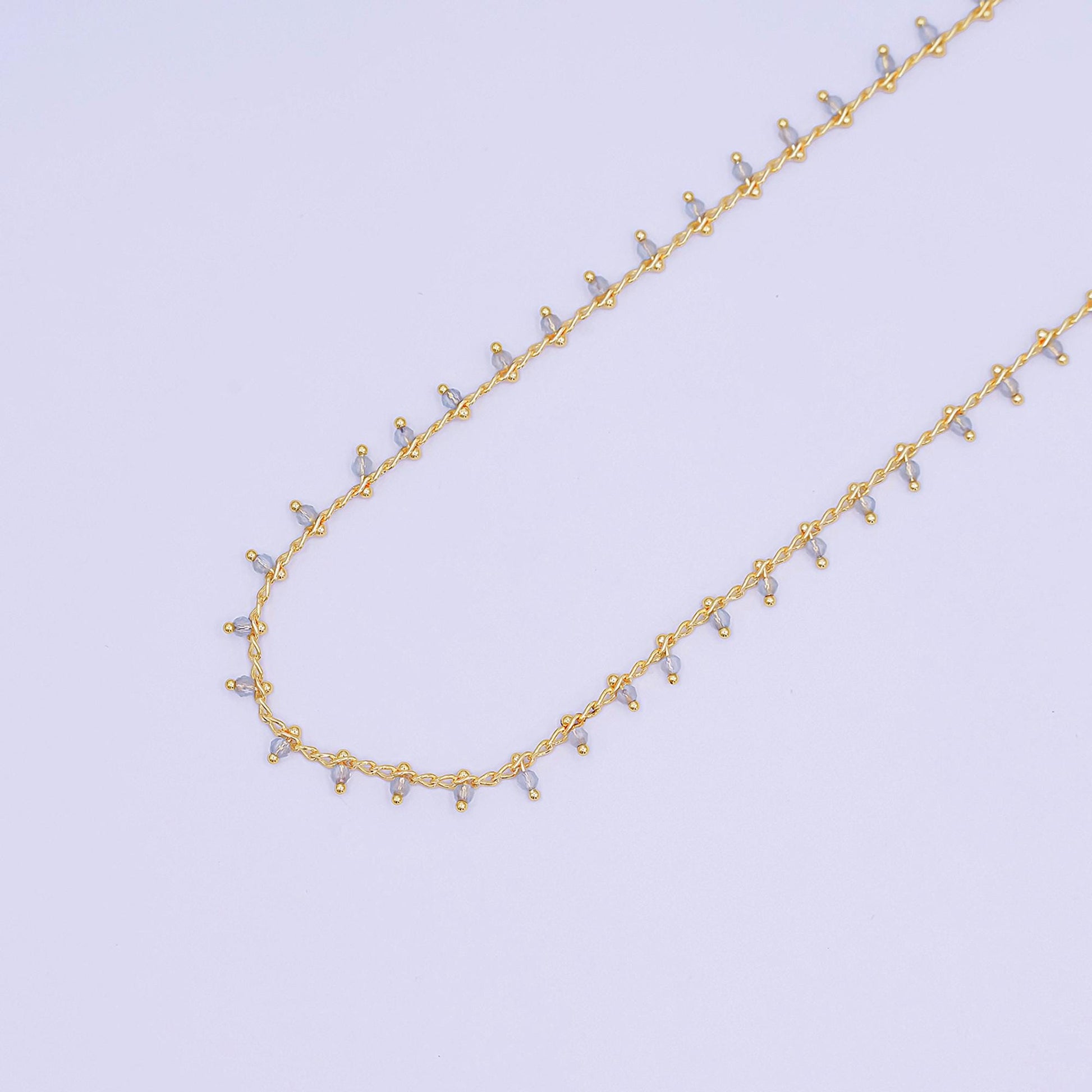 24K Gold Filled Light Blue Multifaceted Crystal Drop Link Unfinished Chain by Yard | Roll-1666