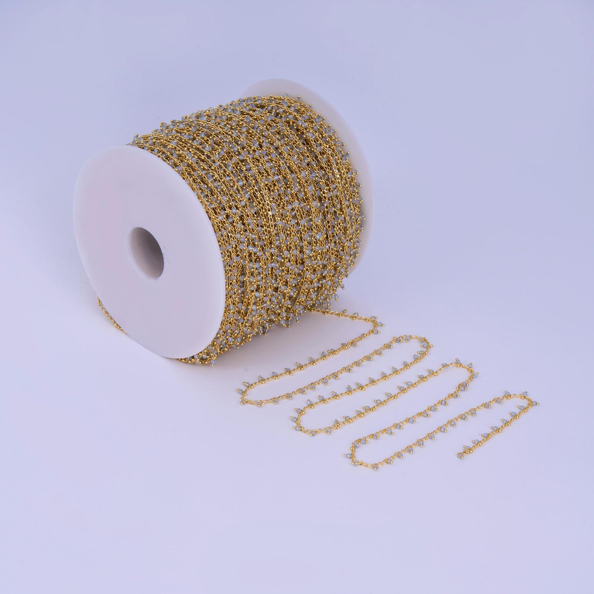 24K Gold Filled Light Blue Multifaceted Crystal Drop Link Unfinished Chain by Yard | Roll-1666