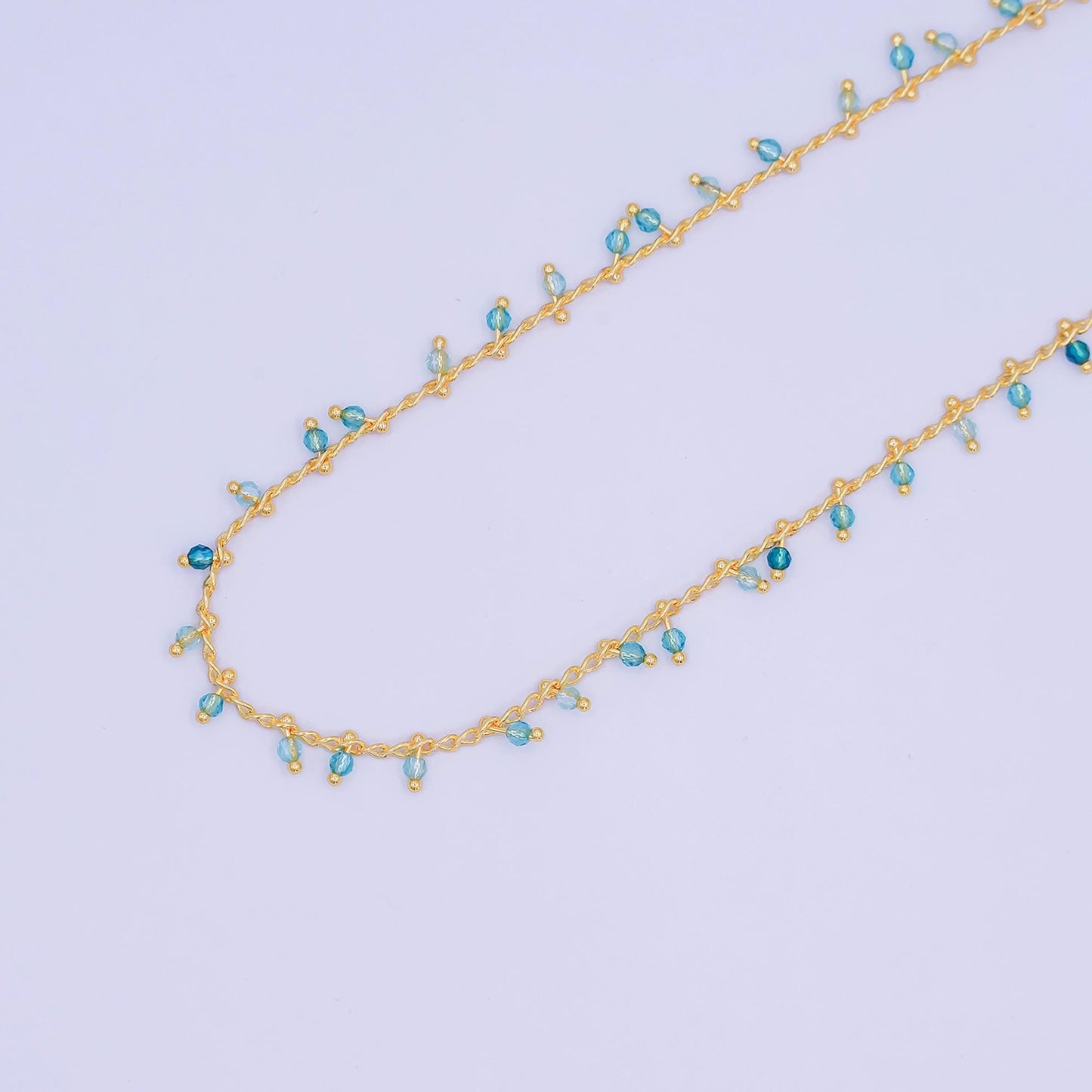 24K Gold Filled Teal Green Multifaceted Crystal Drop Link Unfinished Chain by Yard | Roll-1663