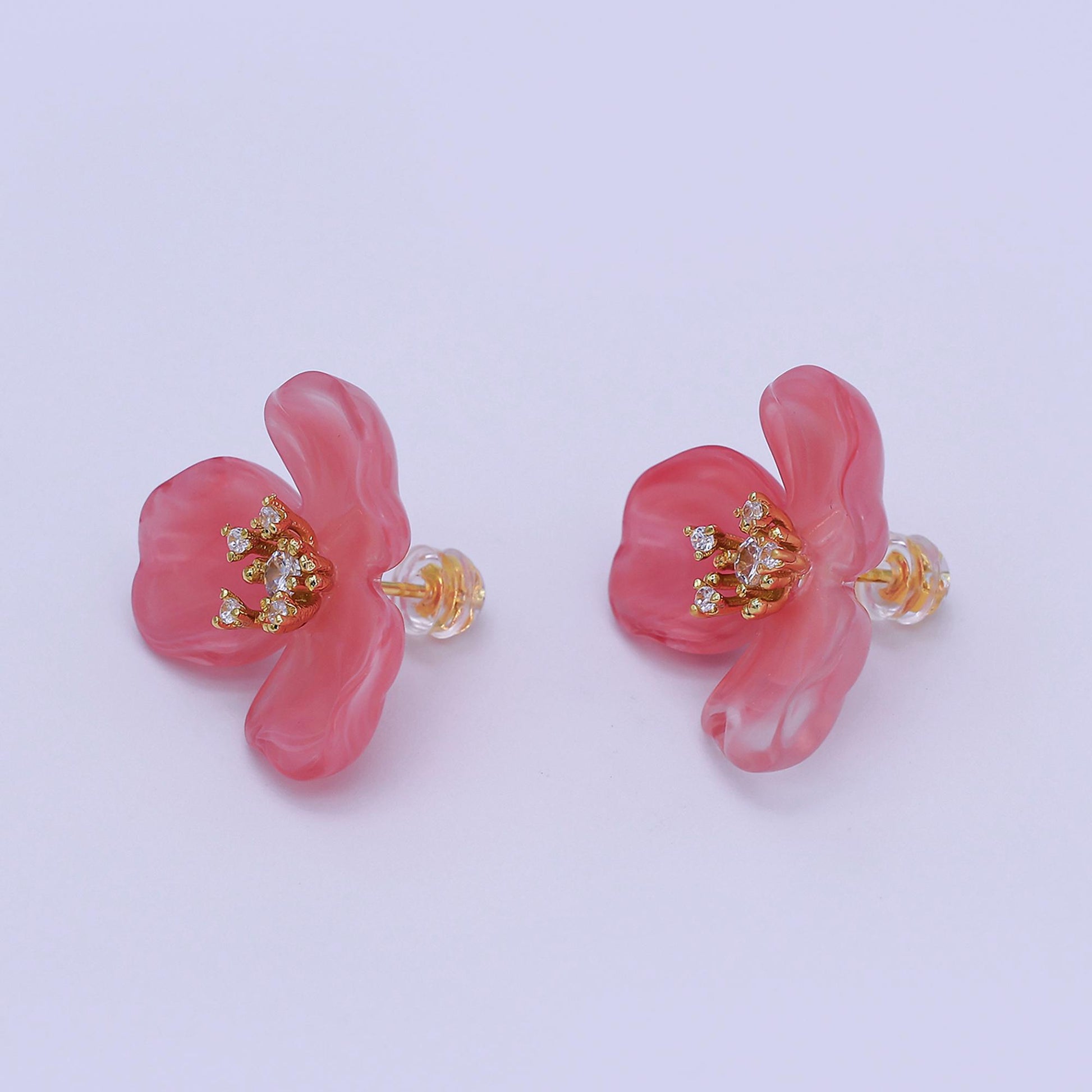 24K Gold Filled CZ Cluster Red, White, Orange, Green, Pink Acrylic Flower Stud Earrings | AB716 V147