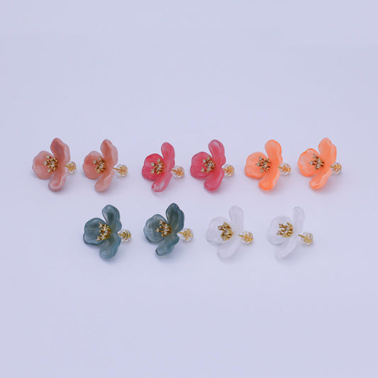 24K Gold Filled CZ Cluster Red, White, Orange, Green, Pink Acrylic Flower Stud Earrings | AB716 V147