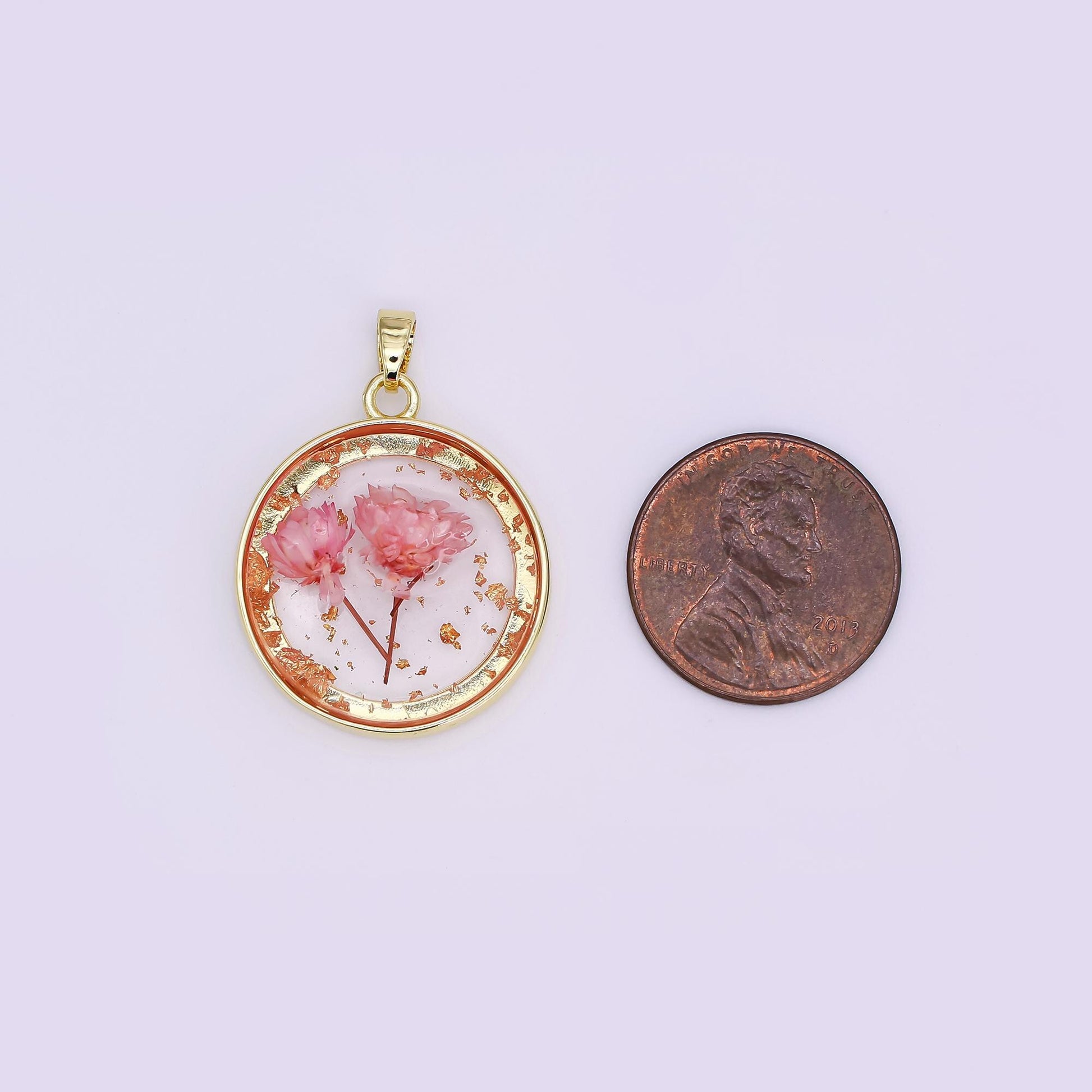 24K Gold Filled Pink Red Rose Flower Acrylic Round Pendant Pressed Floral Charm | AA1507