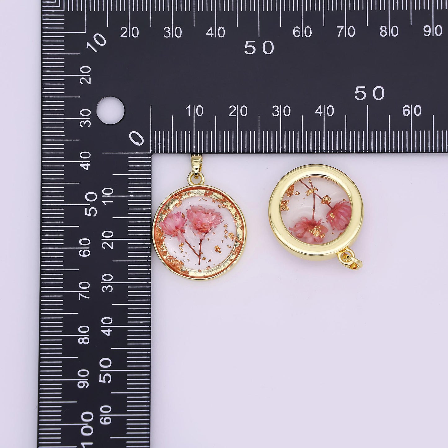 24K Gold Filled Pink Red Rose Flower Acrylic Round Pendant Pressed Floral Charm | AA1507