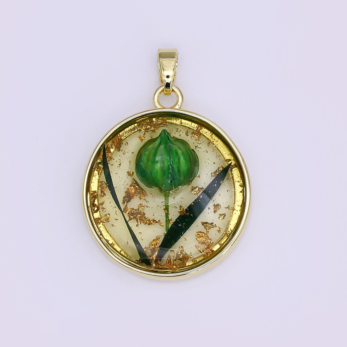 24K Gold Filled Green Flower Gold Foil Acrylic Round Pendant | AA1508