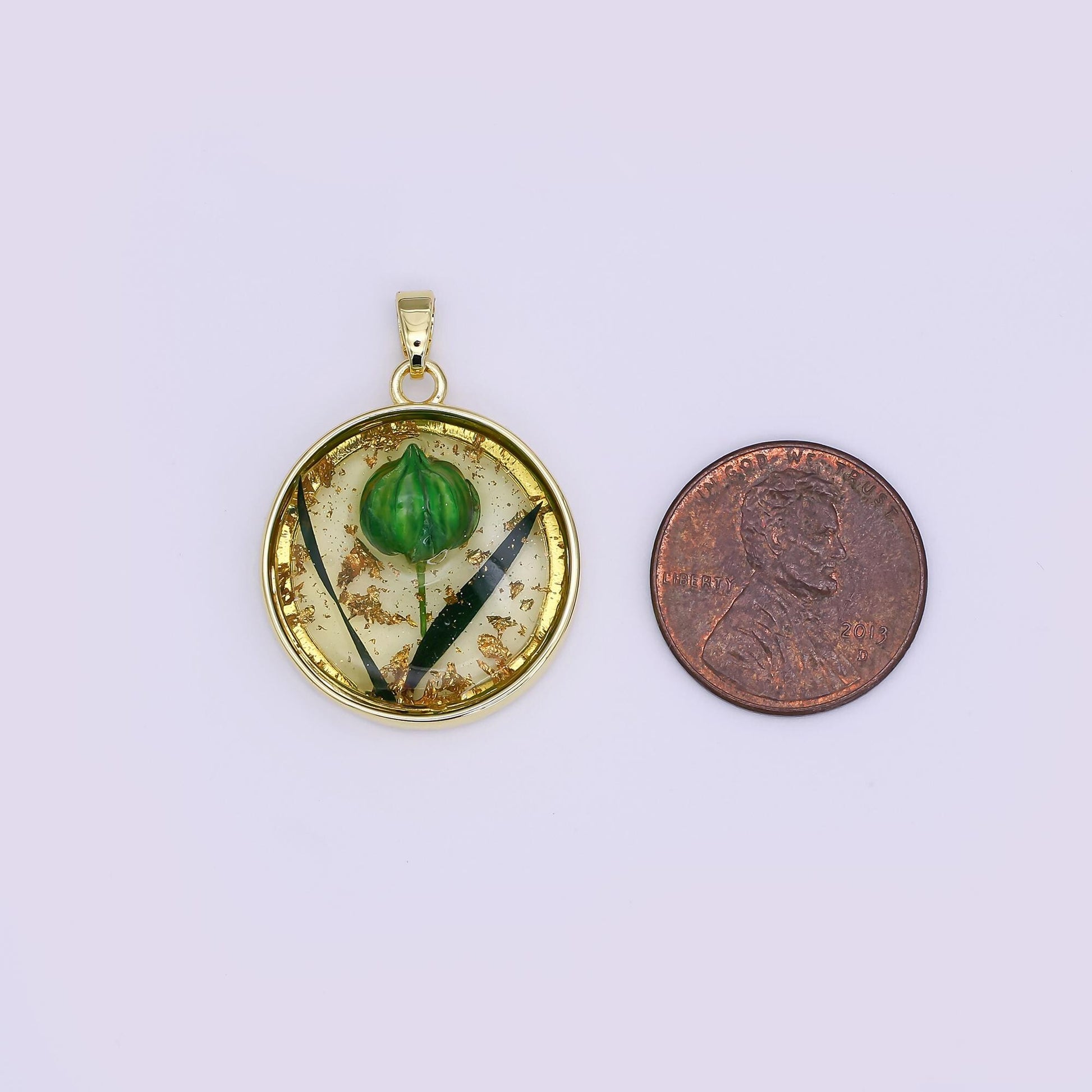 24K Gold Filled Green Flower Gold Foil Acrylic Round Pendant | AA1508