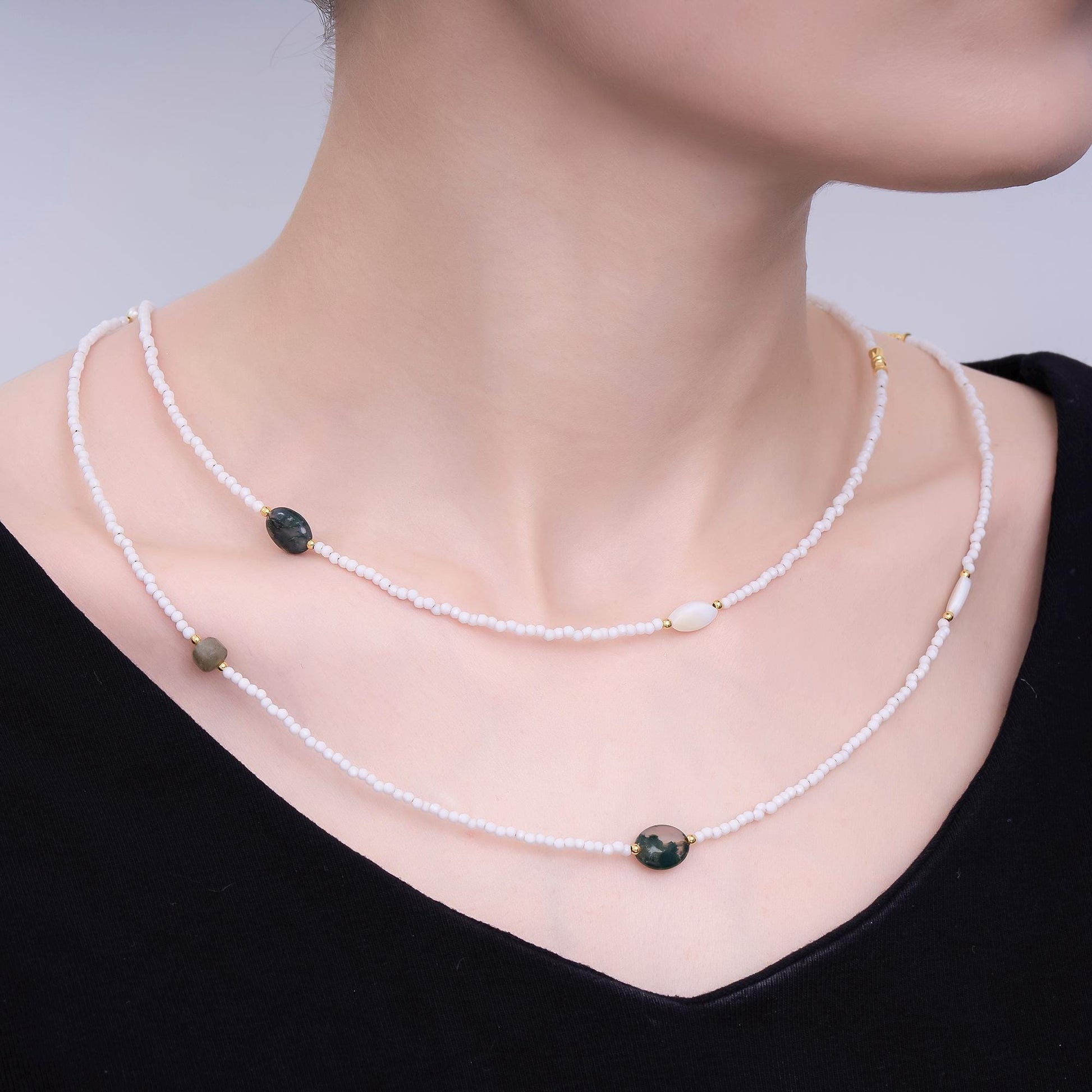 24K Gold Filled Grey Agate Shell Pearl Gemstone 40 Inches Necklace | WA-3081