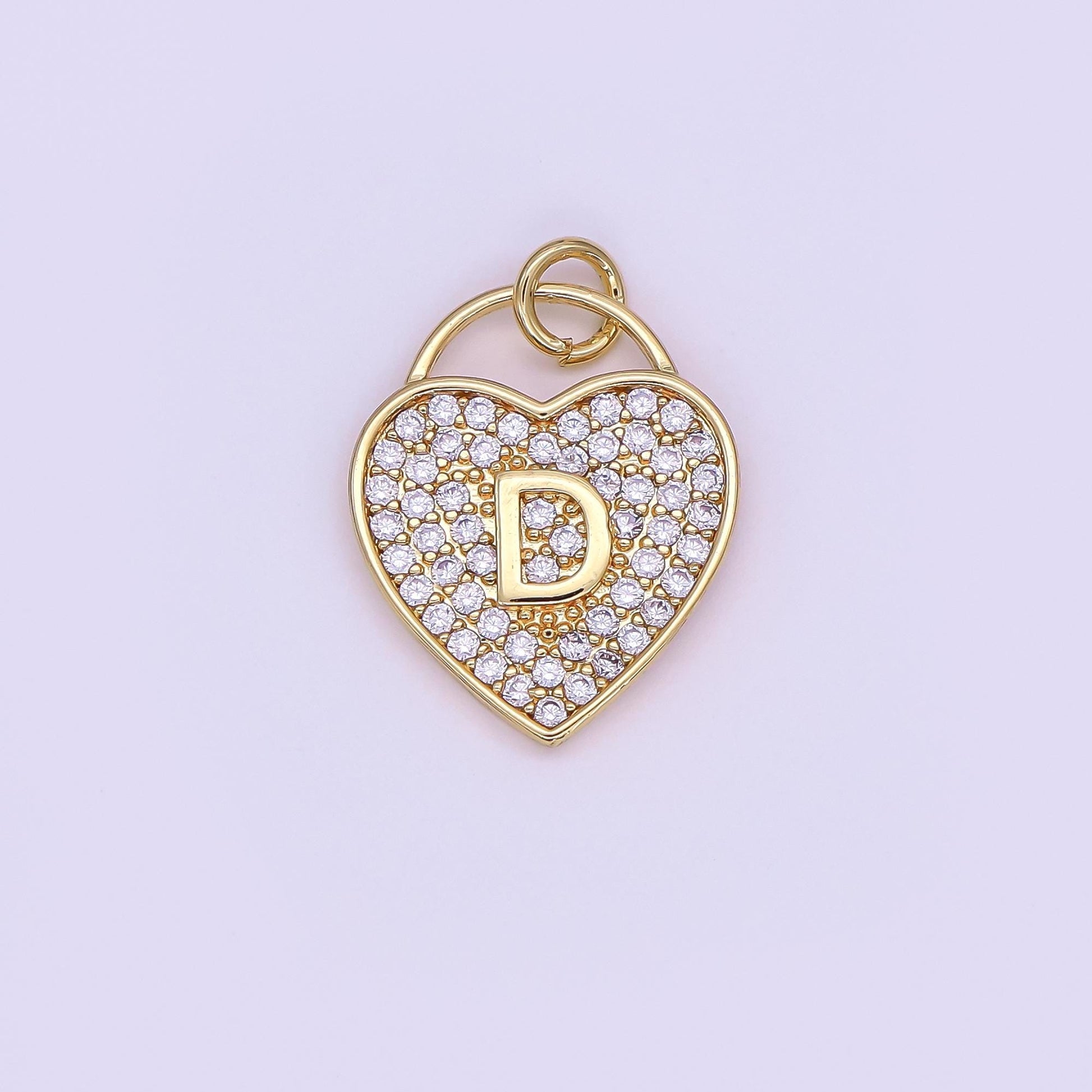 24K Gold Filled Letter Initial Micro Paved CZ Heart Padlock Charm | AF001 - AF013