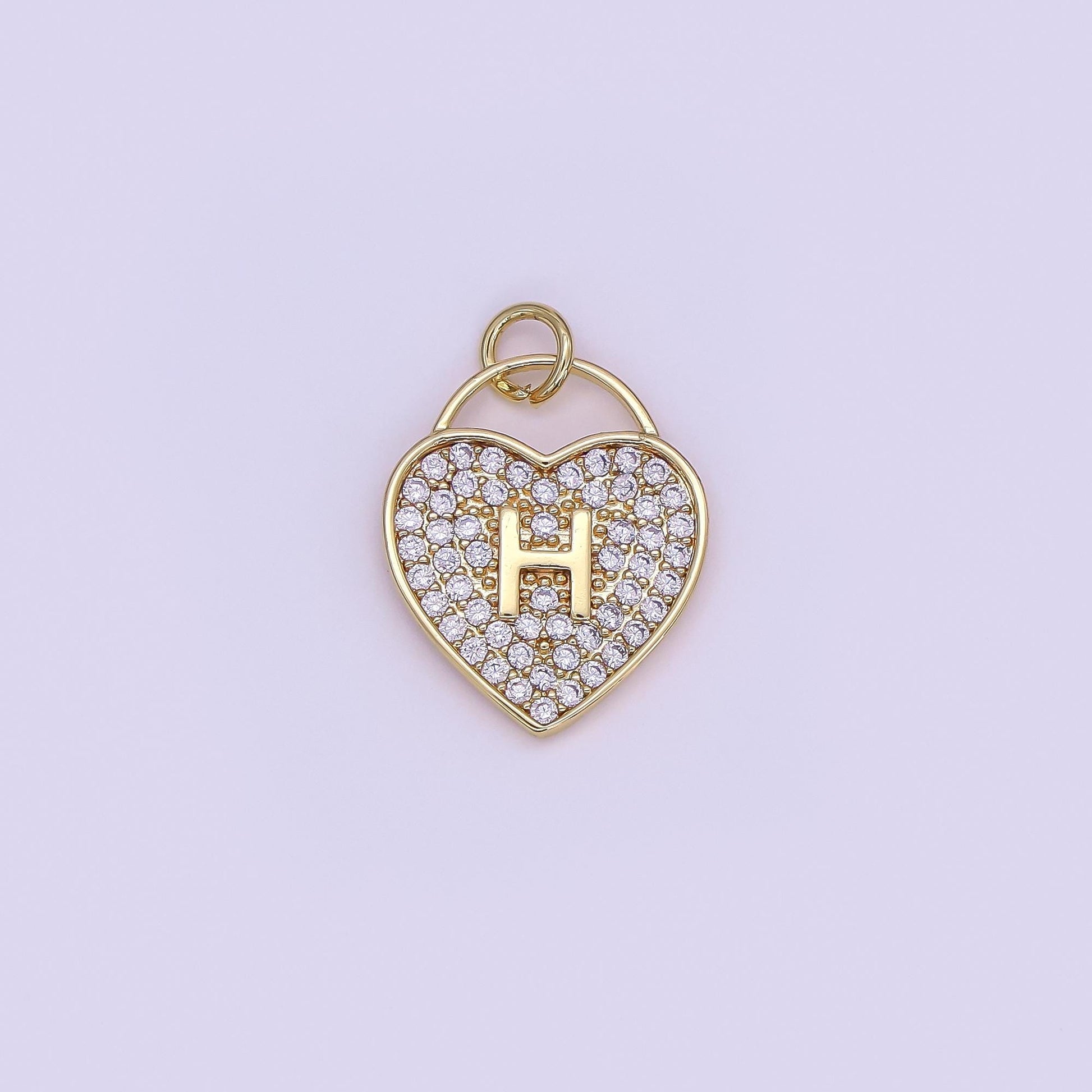 24K Gold Filled Letter Initial Micro Paved CZ Heart Padlock Charm | AF001 - AF013