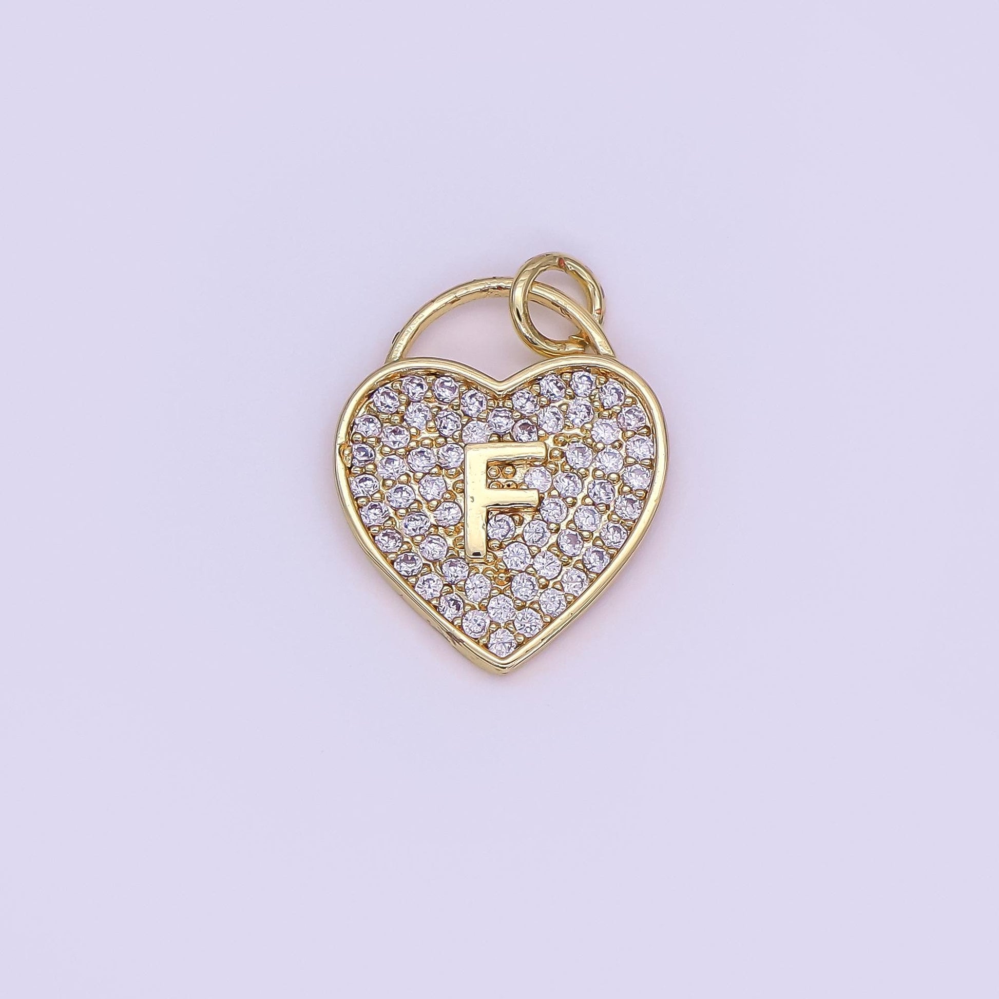 24K Gold Filled Letter Initial Micro Paved CZ Heart Padlock Charm | AF001 - AF013